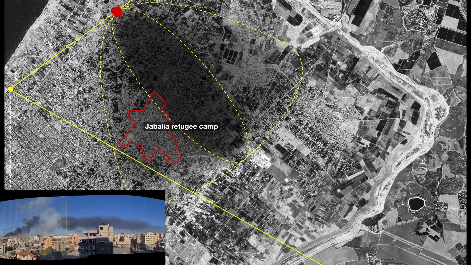 Plume Measurements - On 15 May 2021, Abu Halime filmed a thick column of black smoke rising from the Khudair Warehouse. To estimate the extent of the plume, we used meteorological data, such as wind direction, from the day of the attack, and geolocated two frames of this footage to measure its size. (Al-Haq and Forensic Architecture)