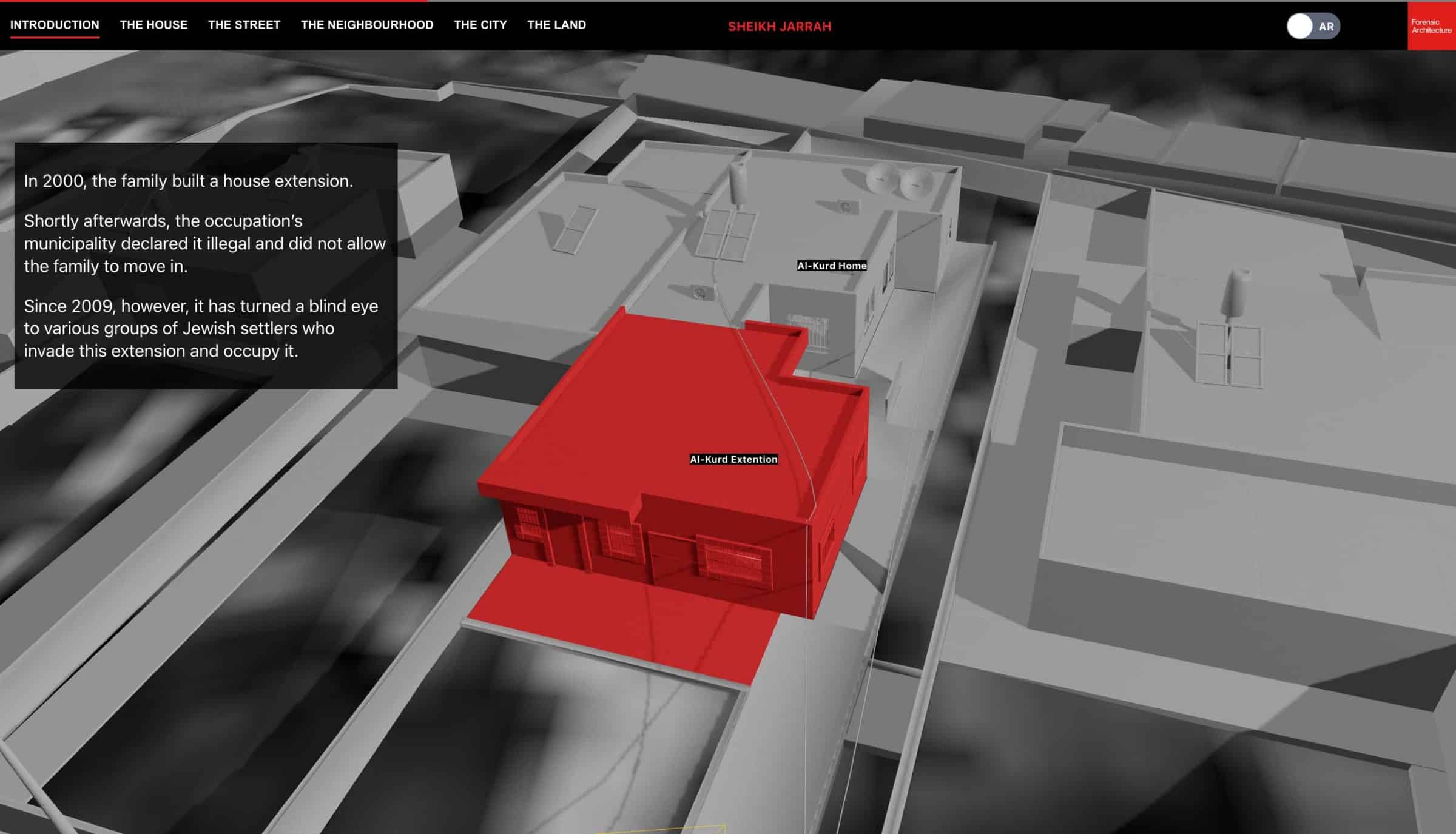 Al-Kurds’ Home - The extension of Al-Kurd’s family home occupied by settlers. Image: Forensic Architecture, 2022