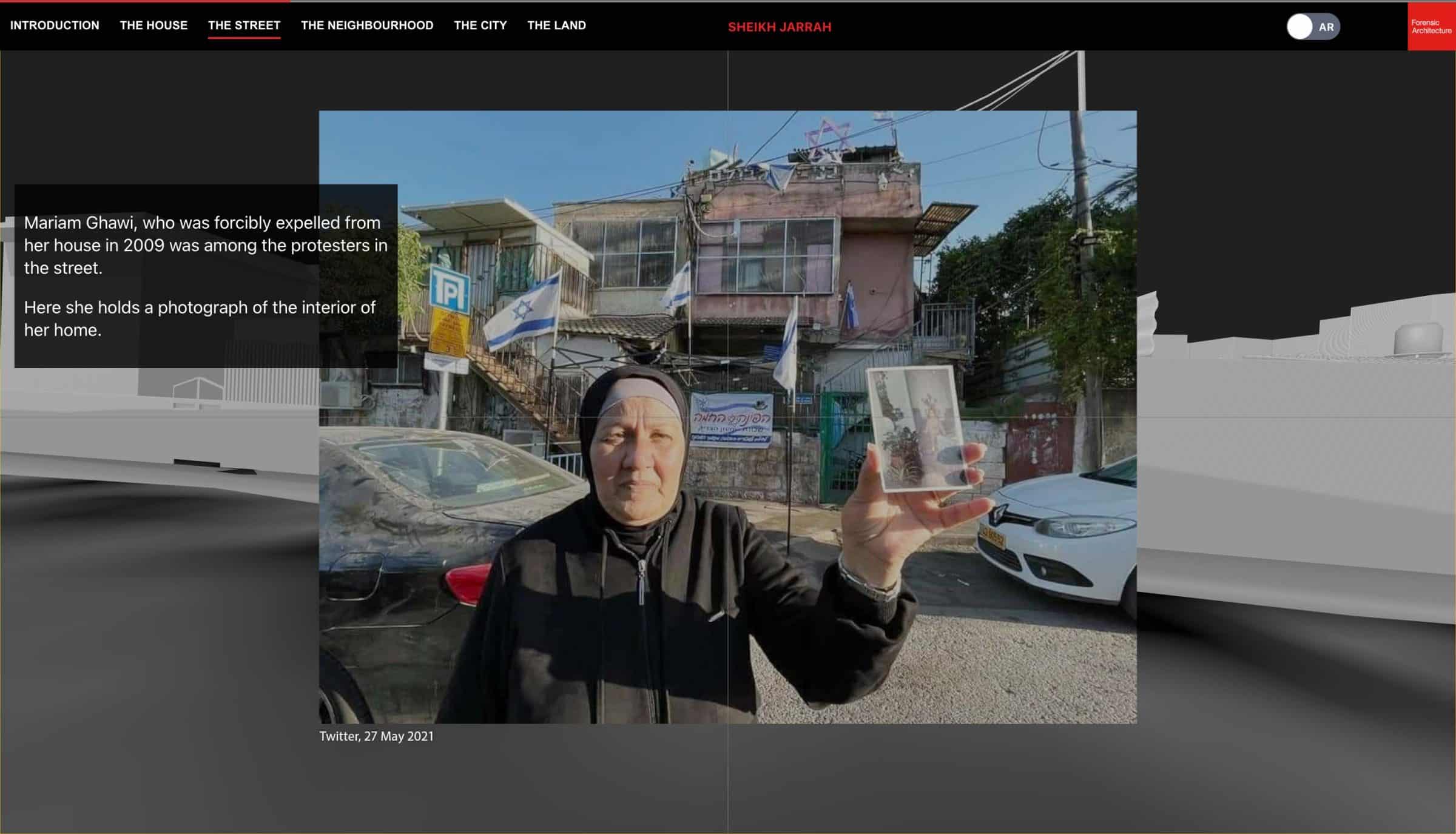 Maryam Ghawi - Maryam Ghawi’s house was occupied by settlers in 2009. Image: Forensic Architecture, 2022 with photograph from Twitter, 27 May 2021