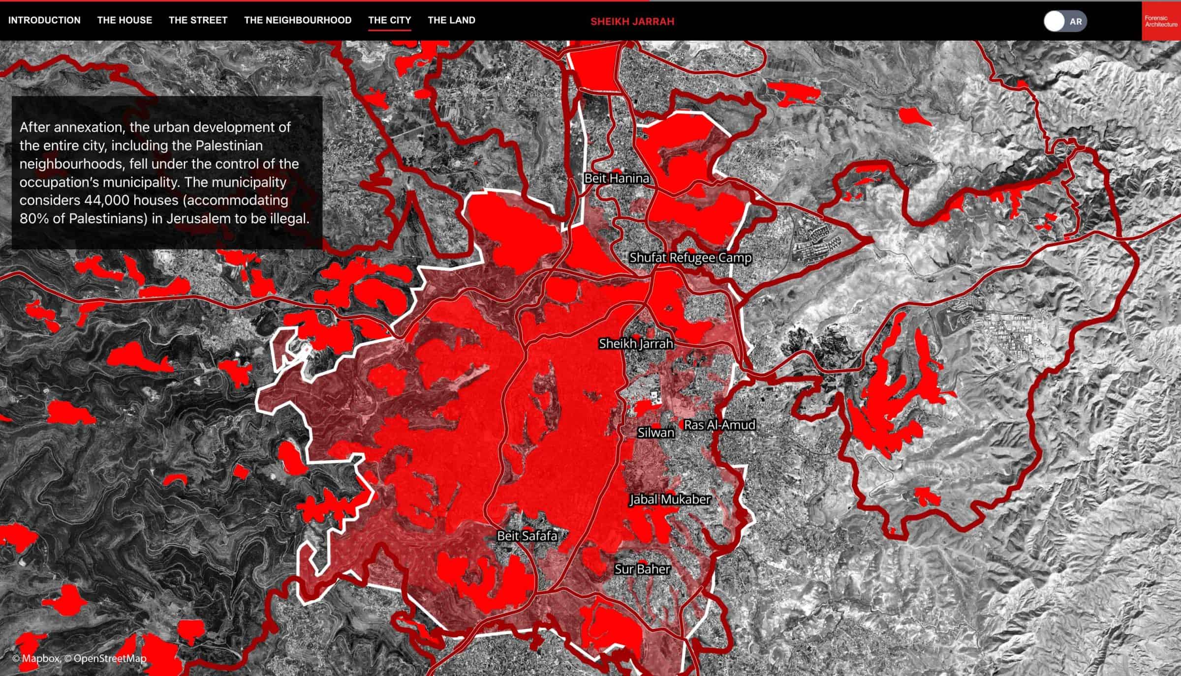 Palestinian neighbourhoods in Jerusalem - Palestinian neighbourhoods in Jerusalem are fragmented by settlements, roads, and the apartheid wall. Image: Forensic Architecture, 2022 with satellite image from Mapbox