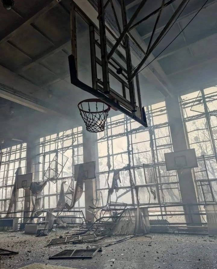 Avangard Gym - Fig III. The consequences of the second strike. The interior of Avangard gym, damaged by explosion. (Original source unknown)