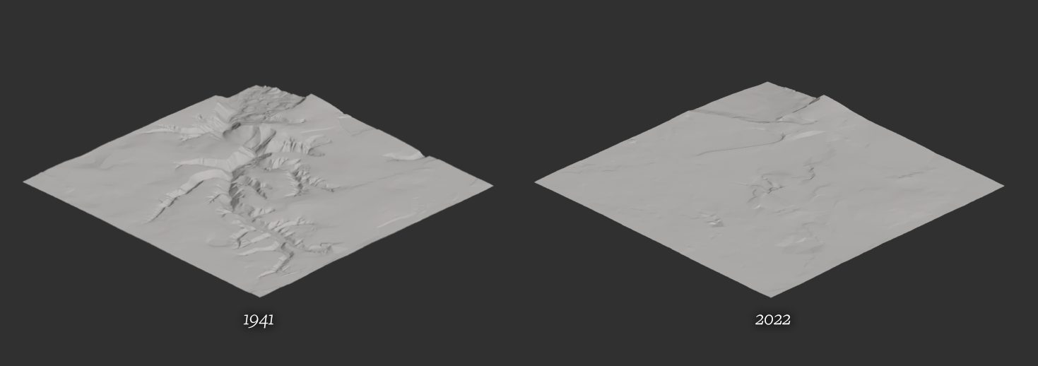 Topography – before and after - Fig. XIII. Center for Spatial Technologies reconstructed Babyn Yar's topography in 1941 and 2022 as part of a commission from Babyn Yar Holocaust Memorial Centre. (Center for Spatial Technologies for Babyn Yar Holocaust Memorial Centre)