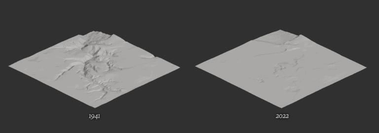 Topography – before and after - Fig. XIII. Center for Spatial Technologies reconstructed Babyn Yar's topography in 1941 and 2022 as part of a commission from Babyn Yar Holocaust Memorial Centre. (Center for Spatial Technologies for Babyn Yar Holocaust Memorial Centre)