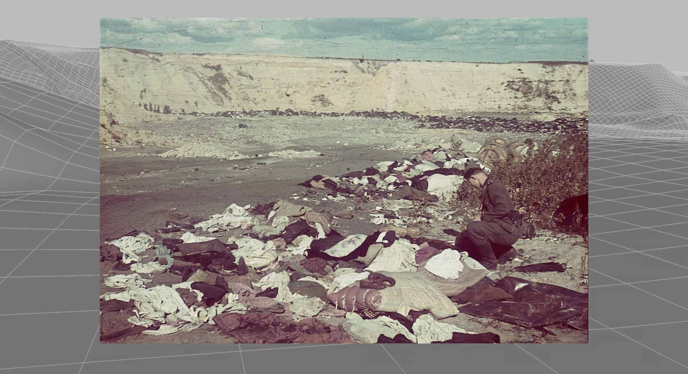 Image match – clothes - Fig. XVII. Scattered clothes of the victims the day after the mass shootings overlaid on a digital model of the Babyn Yar site. Original photograph by Johannes Hähle, October 1, 1941. (Forensic Architecture and Center for Spatial Technologies, archival photograph courtesy of Hamburg Institute for Social Research)