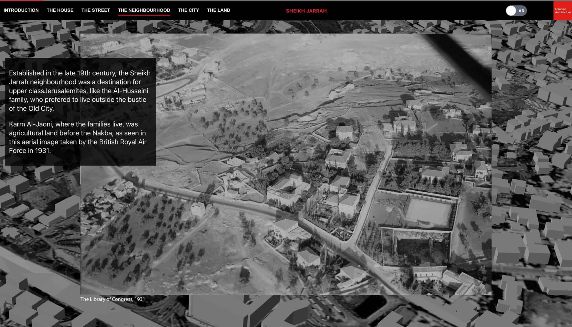 Historic Sheikh Jarrah - Historic image of Sheikh Jarrah Neighbourhood. Image: Forensic Architecture, 2022 with photograph from The Library of Congress, 1931