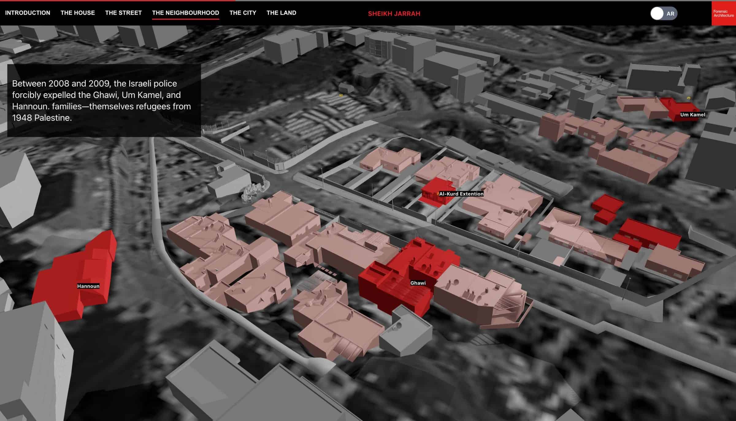 Houses occupied by settlers - Palestinian houses occupied by settlers in Karm Al-Jaoni, Sheikh Jarrah. Image: Forensic Architecture, 2022