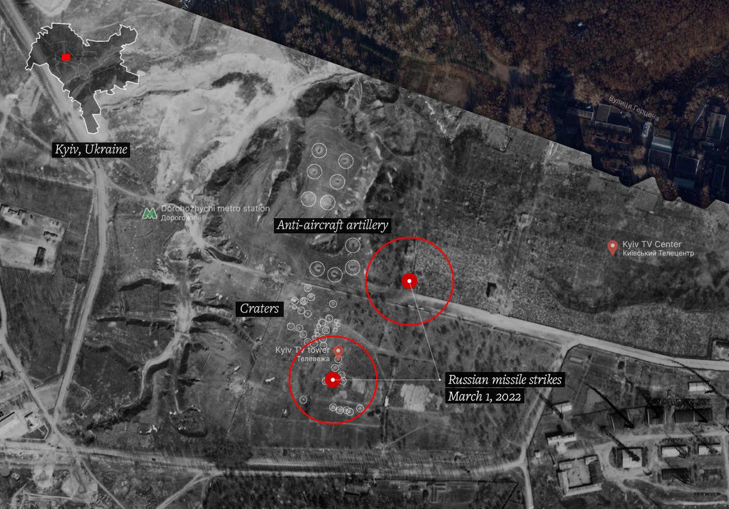 Map – anti-aircraft craters - Fig. XII. An aerial photograph from 1944 shows anti-aircraft guns and craters in the same location as the airstrikes in March 2022. (Forensic Architecture and Center for Spatial Technologies)