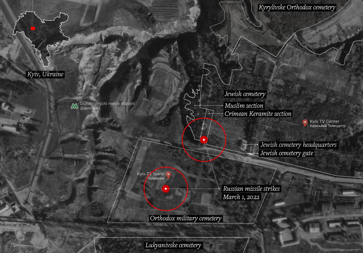 Map – former cemeteries in Babyn Yar - Fig. VIII. The two strikes hit former cemeteries. This map is based on an overlay of a cemetery land allotment map from the late 19th century and an aerial photograph from 1944. (Forensic Architecture and Center for Spatial Technologies)