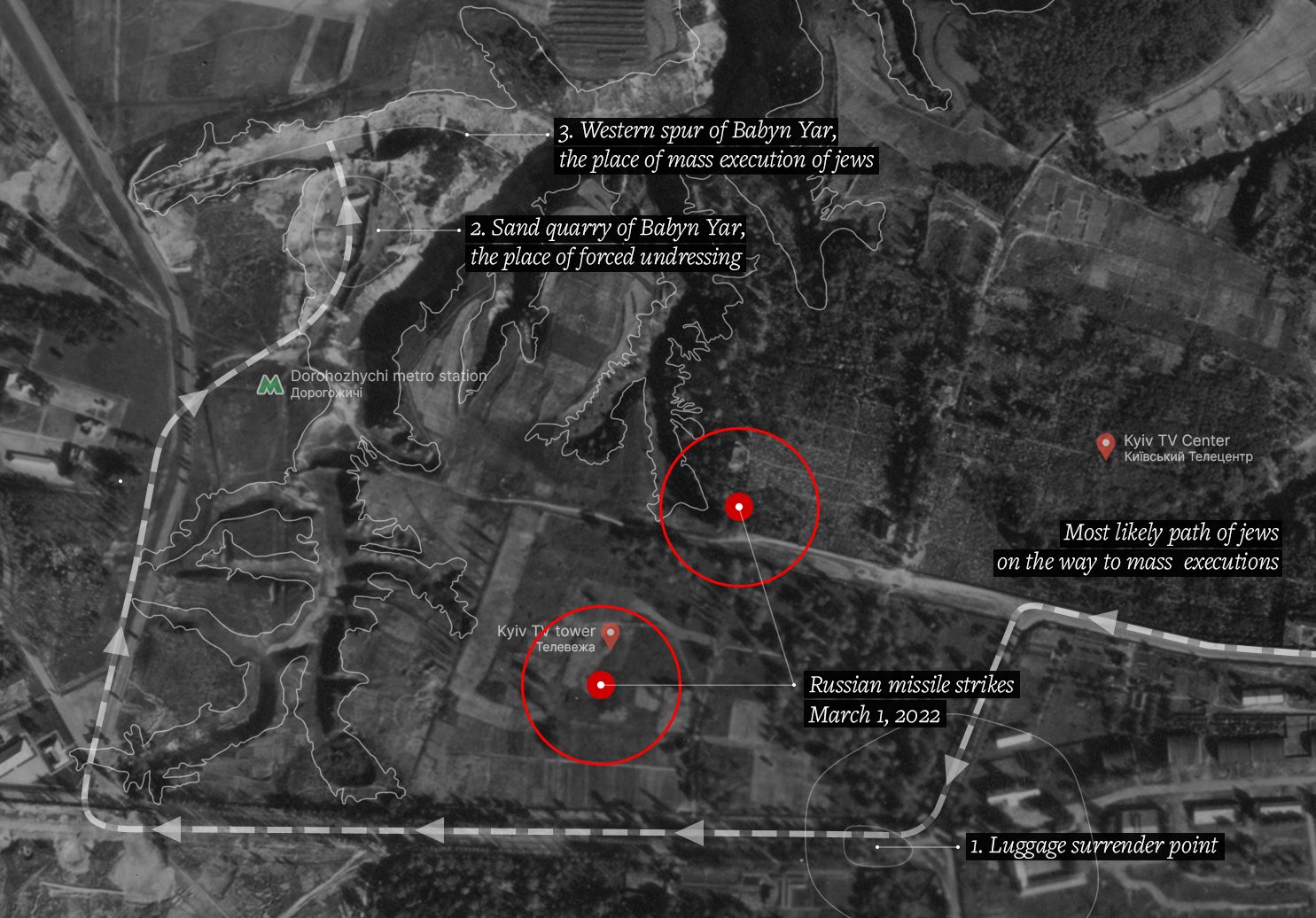 Map – route to Babyn Yar - Route that Jewish victims took from Kyiv to the site of mass executions on 29-30 September 1941, shown in relation to the Russian missile strikes in March 2022. (Forensic Architecture and Center for Spatial Technologies)