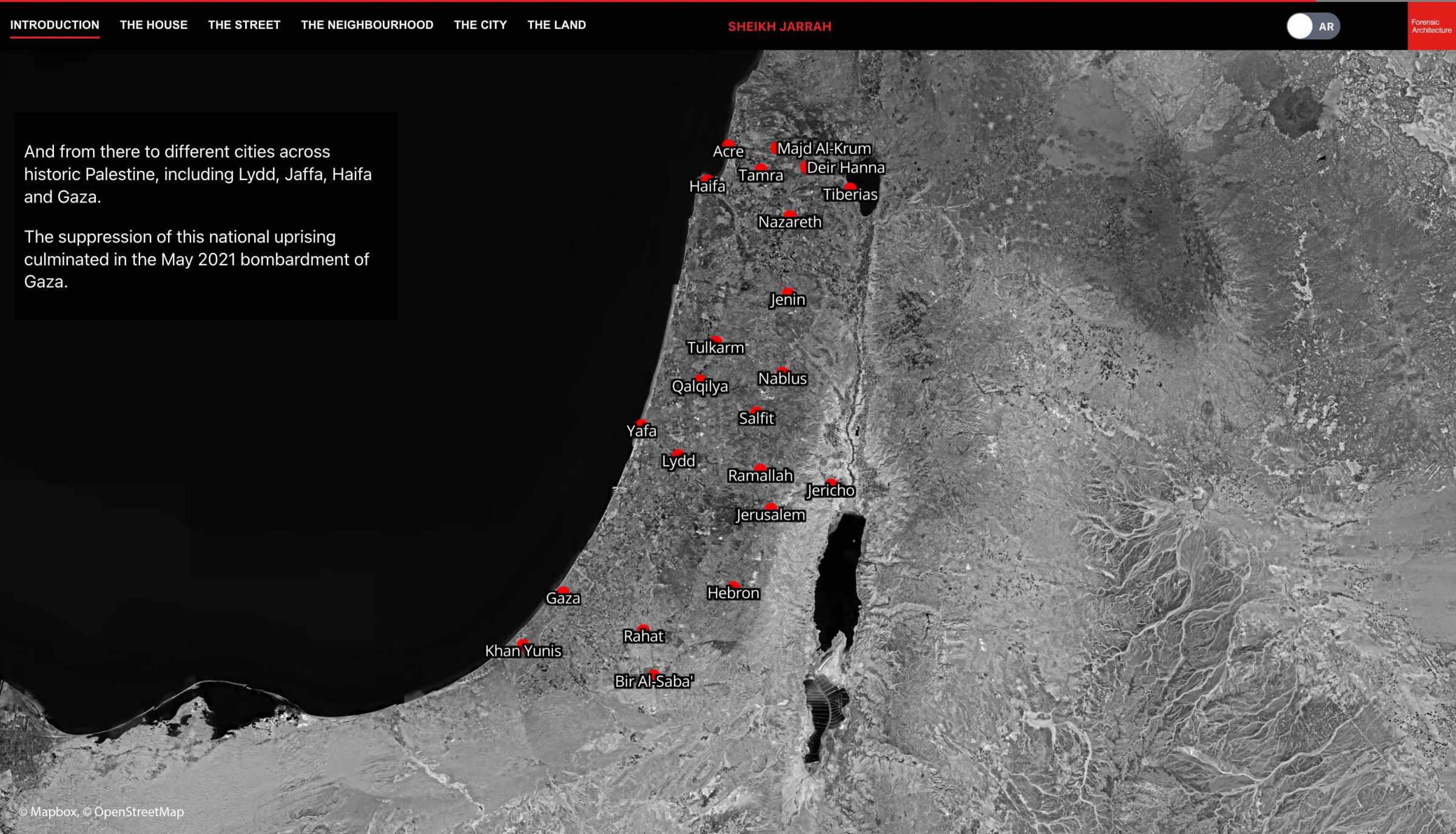 Protests across Palestine - Locations of protests across historic Palestine, May 2021. Image: Forensic Architecture, 2022 with satellite image from Mapbox.