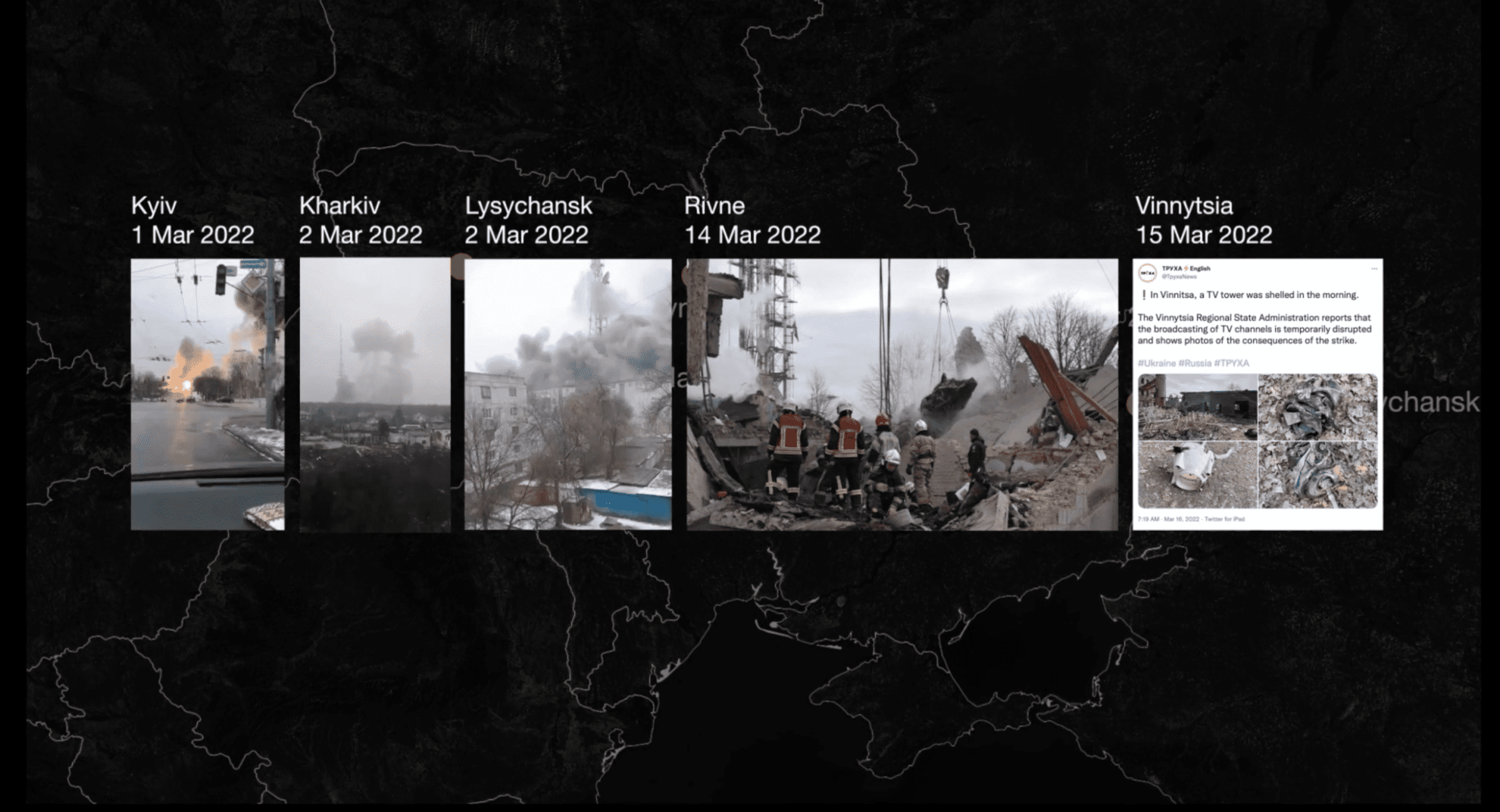 TV towers attacked - Fig. IV. A series of TV towers were attacked by Russian forces across Ukraine over a one month period. (Forensic Architecture and Center for Spatial Technologies)