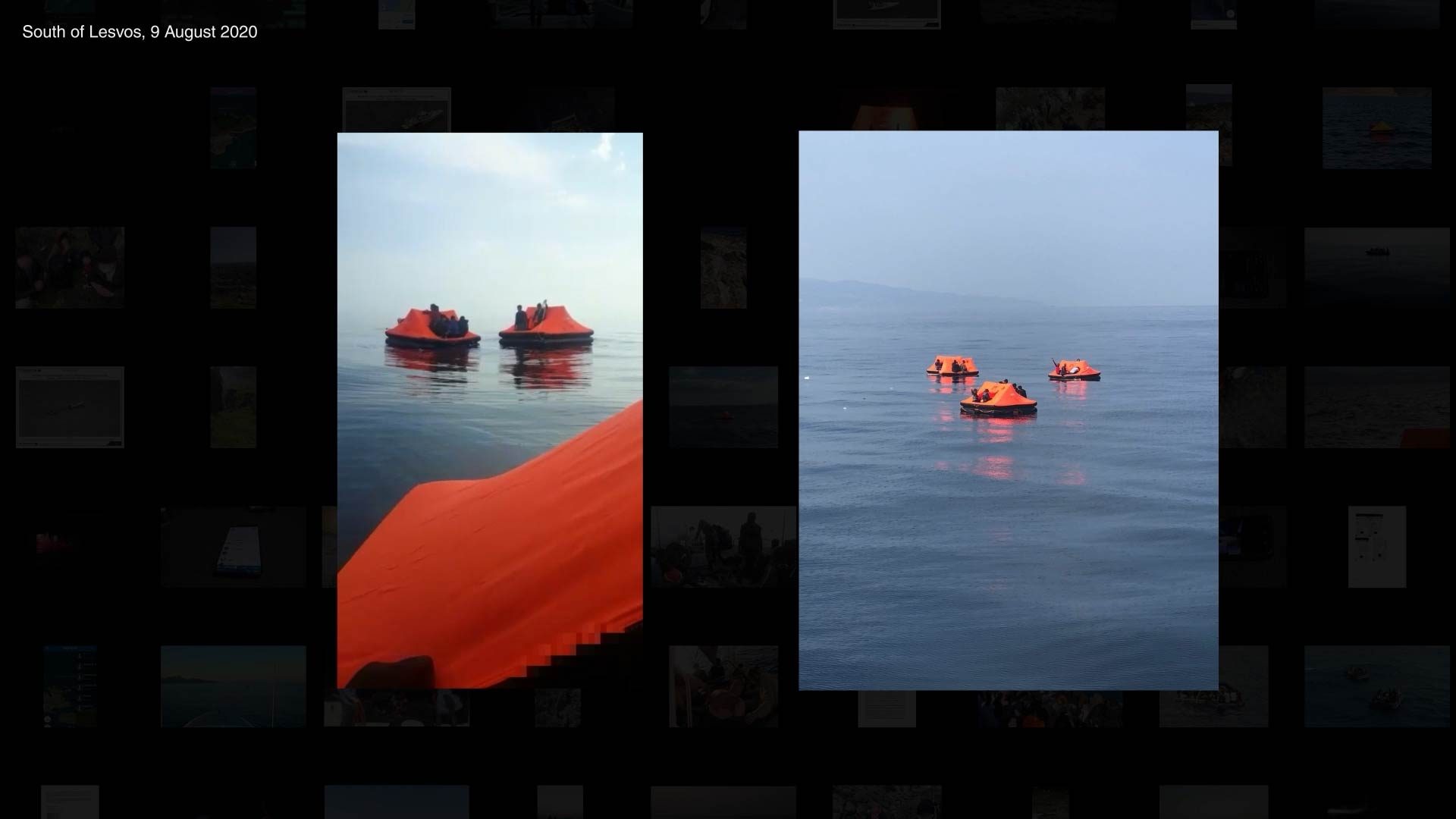 Two sources, same event – Lesvos - Two photographs from different sources (left: AlarmPhone, right: Turkish Coast Guard) capturing the same drift-back event, south of Lesvos island, on 9 August 2020. (Forensic Architecture/Forensis, 2022)