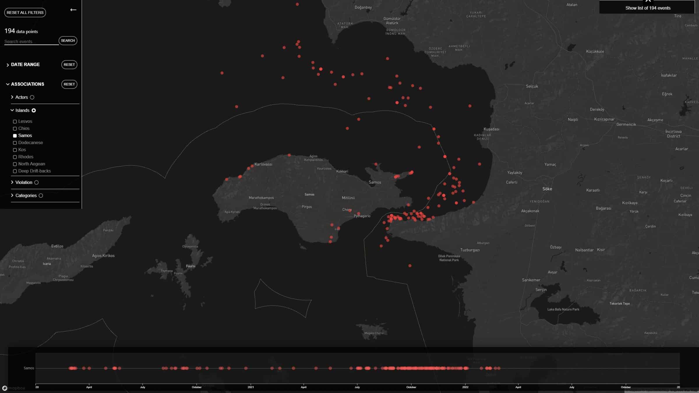 Platform filtered by island (Samos) - Events can be filtered by island, allowing visitors to examine a specific geographical area at a time. Here the filter is set to look specifically at drift-backs on and around the island of Samos. (Forensic Architecture/Forensis, 2022)