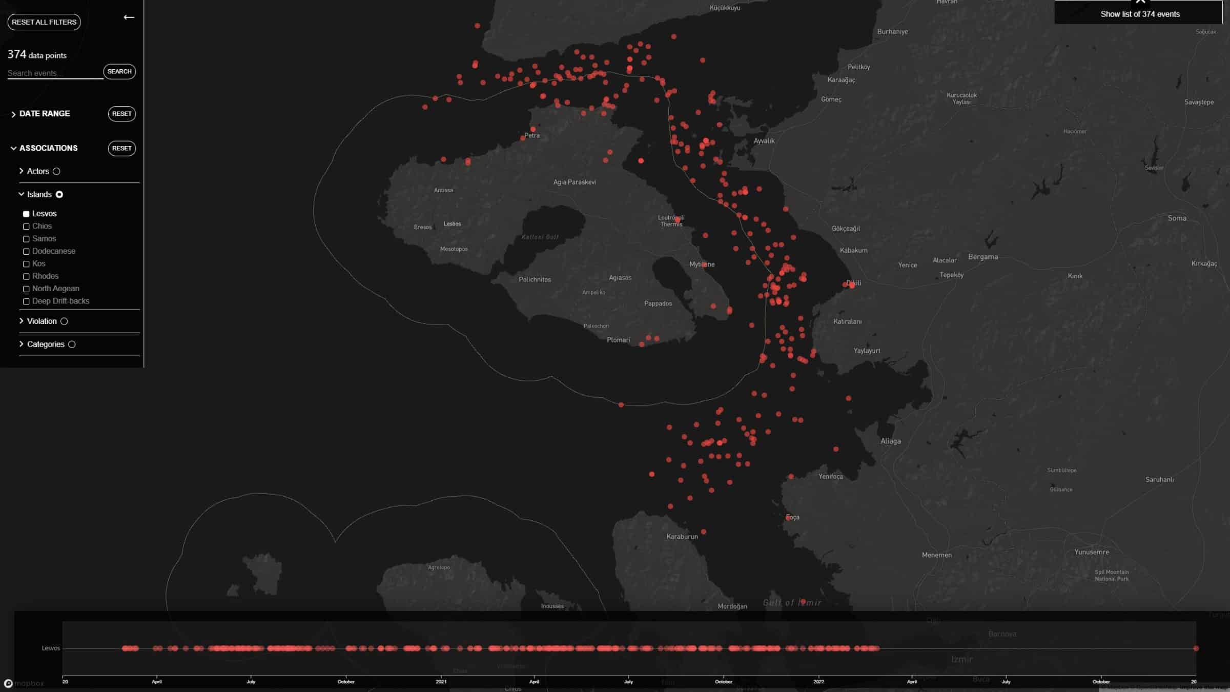 Platform filtered by island (Lesvos) - Events can be filtered by island, allowing visitors to examine a specific geographical area at a time. Here the filter is set to look specifically at drift-backs on and around the island of Lesvos. (Forensic Architecture/Forensis, 2022)