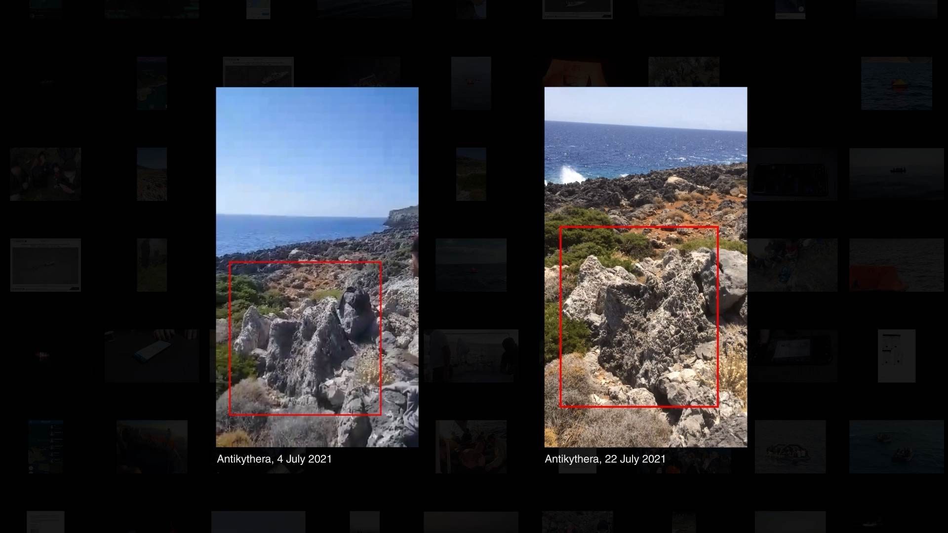 Fieldwork – Antikythera - A group of asylum seekers on the shore of the island of Antikythera, on 4 July 2021 (right), and the same location filmed by an FA researcher three weeks later. The group was abducted from the island and later appeared drifting on life rafts off the Turkish coast of Kuşadası. (Forensic Architecture/Forensis, 2022)