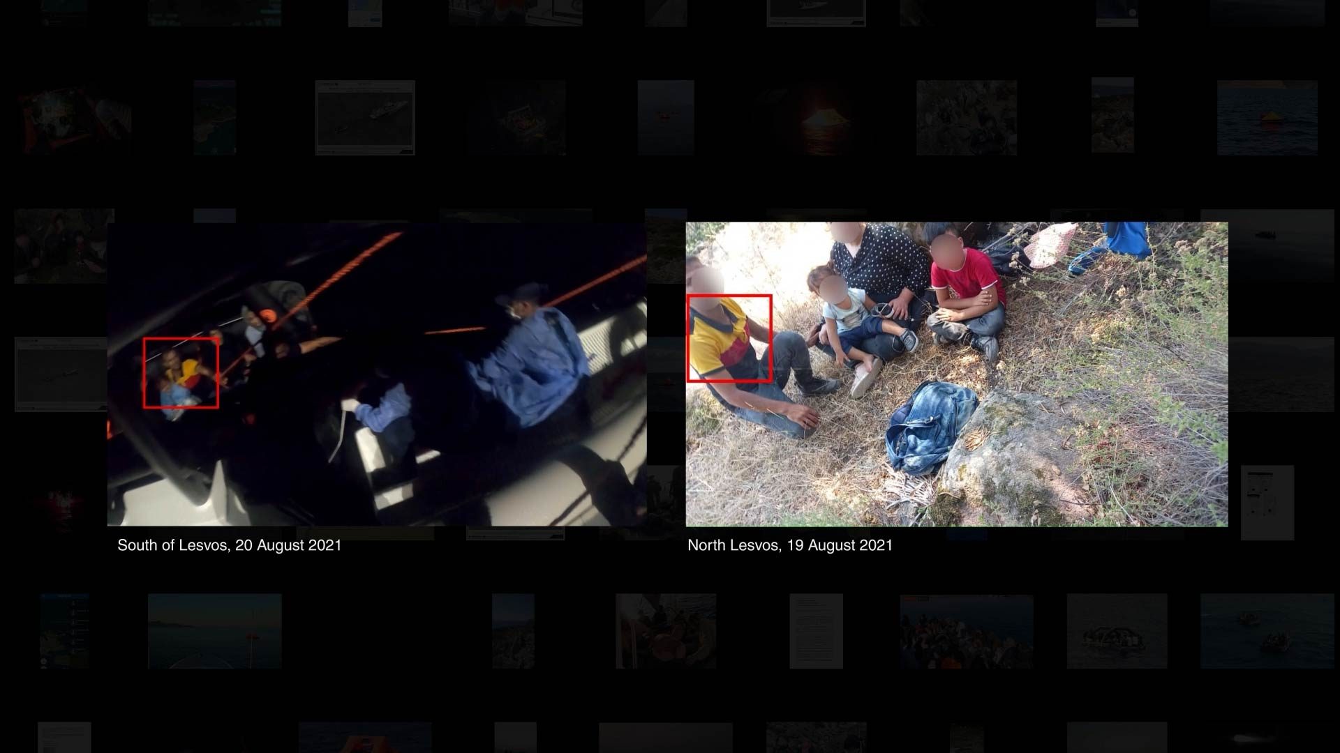 Clothes comparison - A group of people hiding on the northern shores of the island of Lesvos (right) on 19 August 2021, and later drifting in two life rafts south of Lesvos on 20 August 2021. (Forensic Architecture/Forensis, 2022)