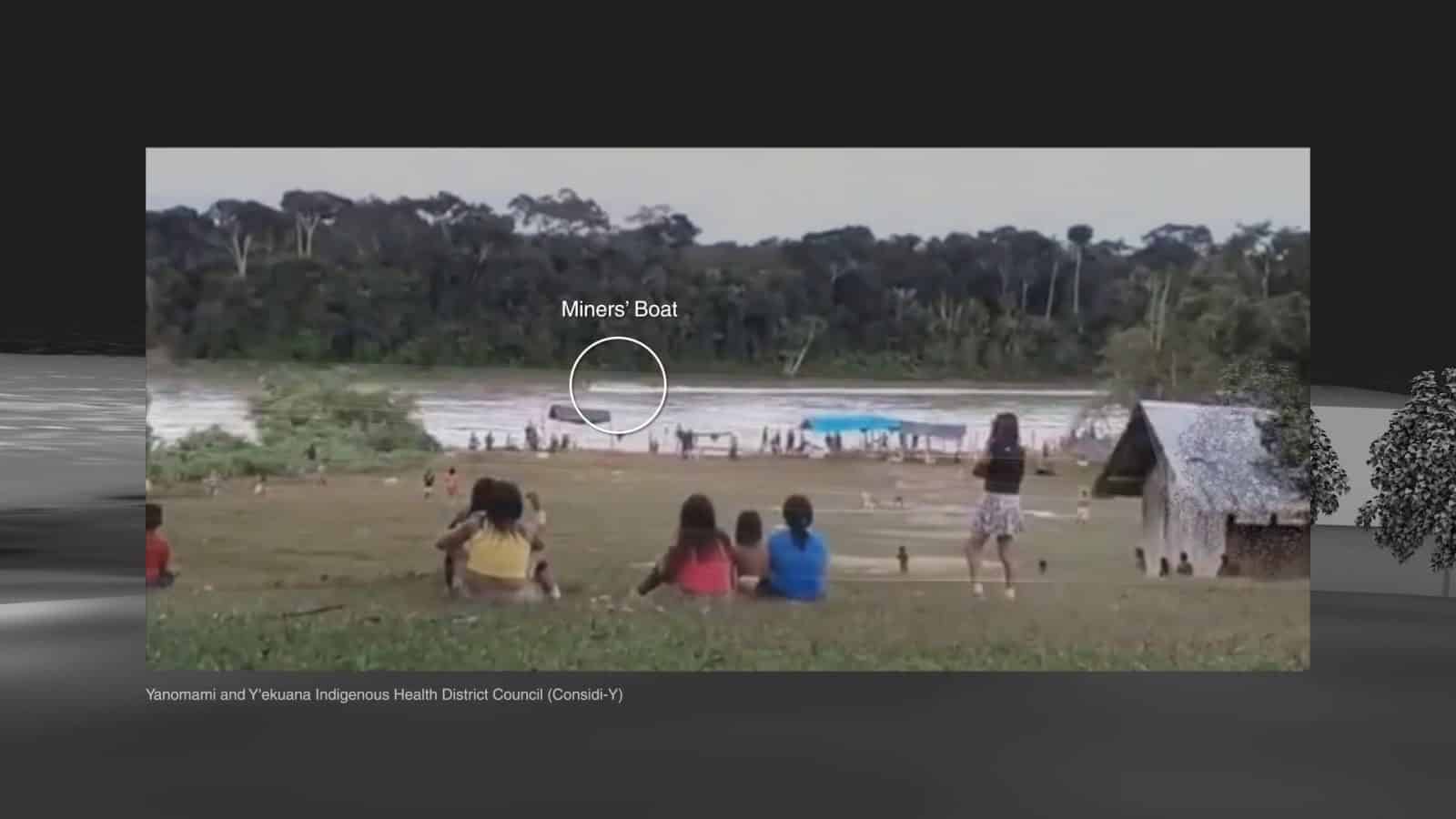 3D model Palimiu reconstruction - We reconstructed an attack on Palimiu village from 10 May 2021 by building a 3D model and situating the footage in it. One of the attacking boats can be seen passing by the village. Image: Forensic Architecture, 2022. Embedded Video Still: Yanomami and Y’ekuana Indigenous Health District Council (Considi-Y), 2021.
