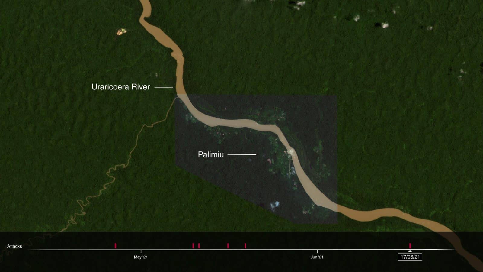 Timeline of attacks - A timeline shows the six attacks Palimiu village suffered in 2021 alone. To the north of the village, we can also see a growing gold mine nearby. Image: Forensic Architecture, 2022. Embedded Satellite Image: Planet, September 2021.