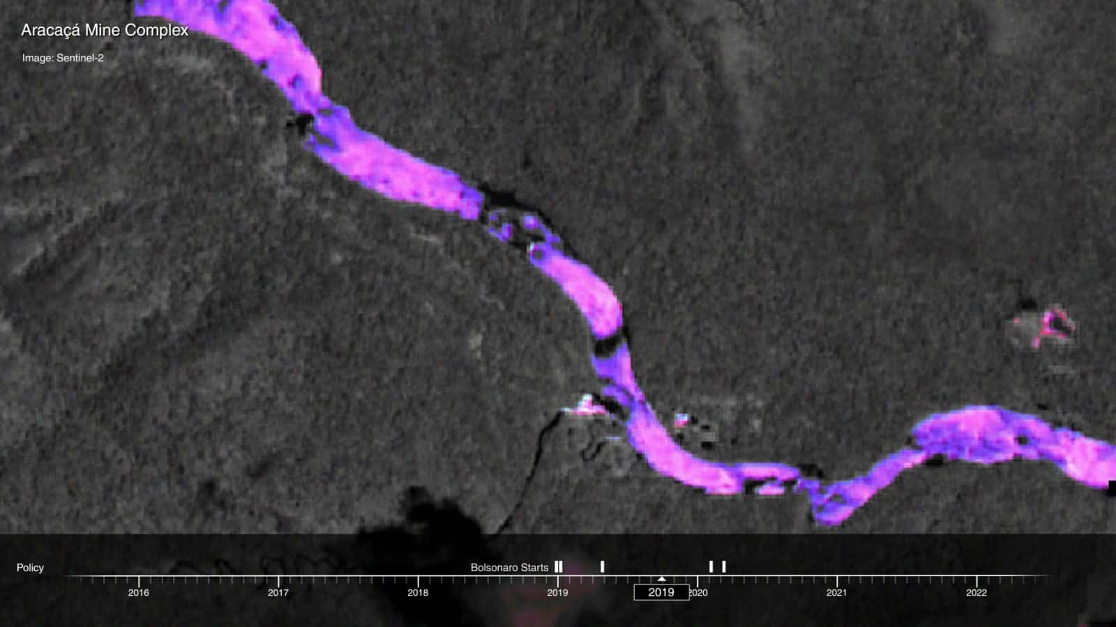 Runoff from mines - Satellite imagery shows signs of runoff from the mines, likely containing toxic mercury. Image: Forensic Architecture, 2022. Embedded Satellite Image: Sentinel-2, September 2019.