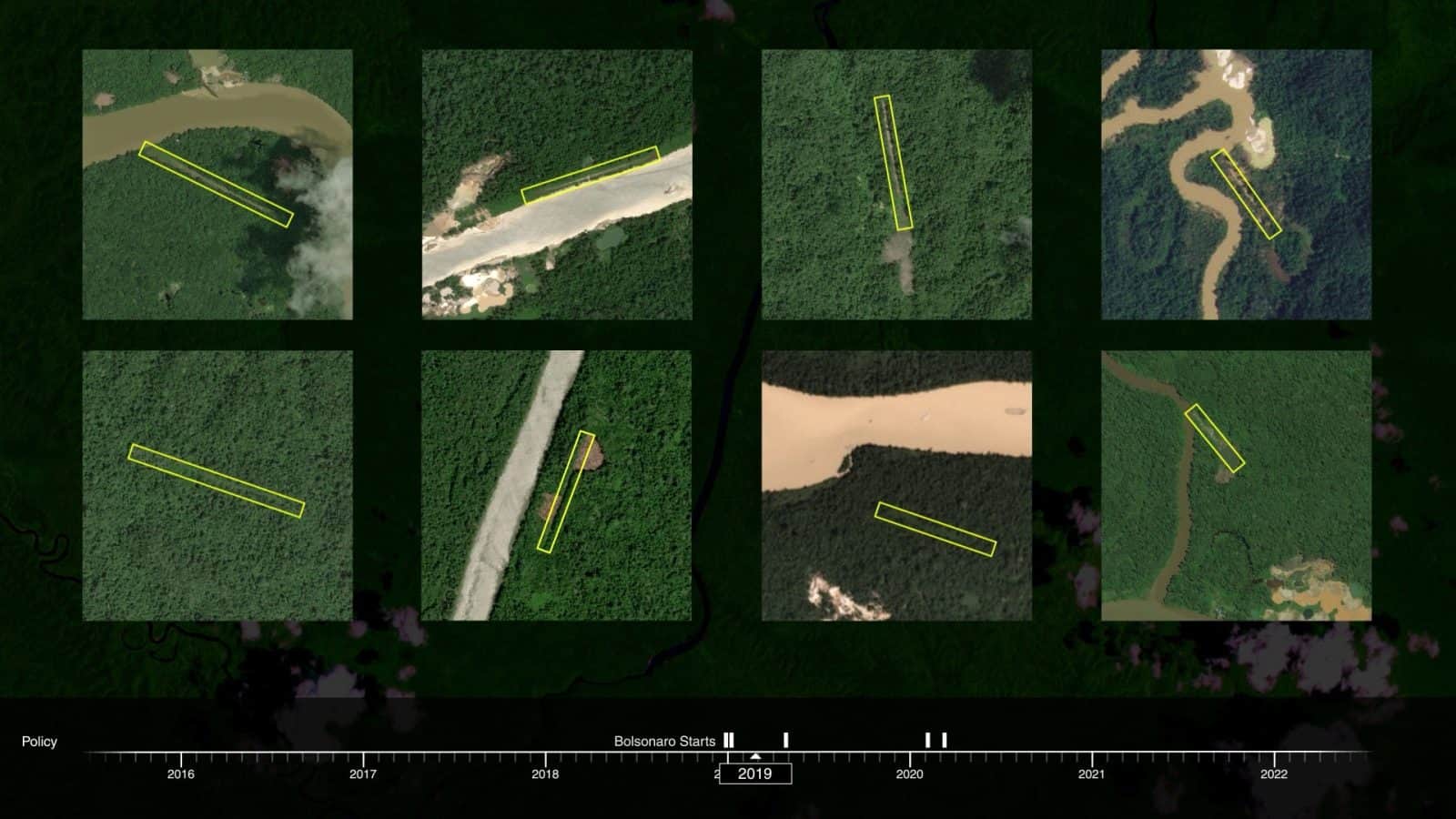 Illegal airstrips - Eight examples of illegal airstrips closely preceding mining growth. Image: Forensic Architecture, 2022.