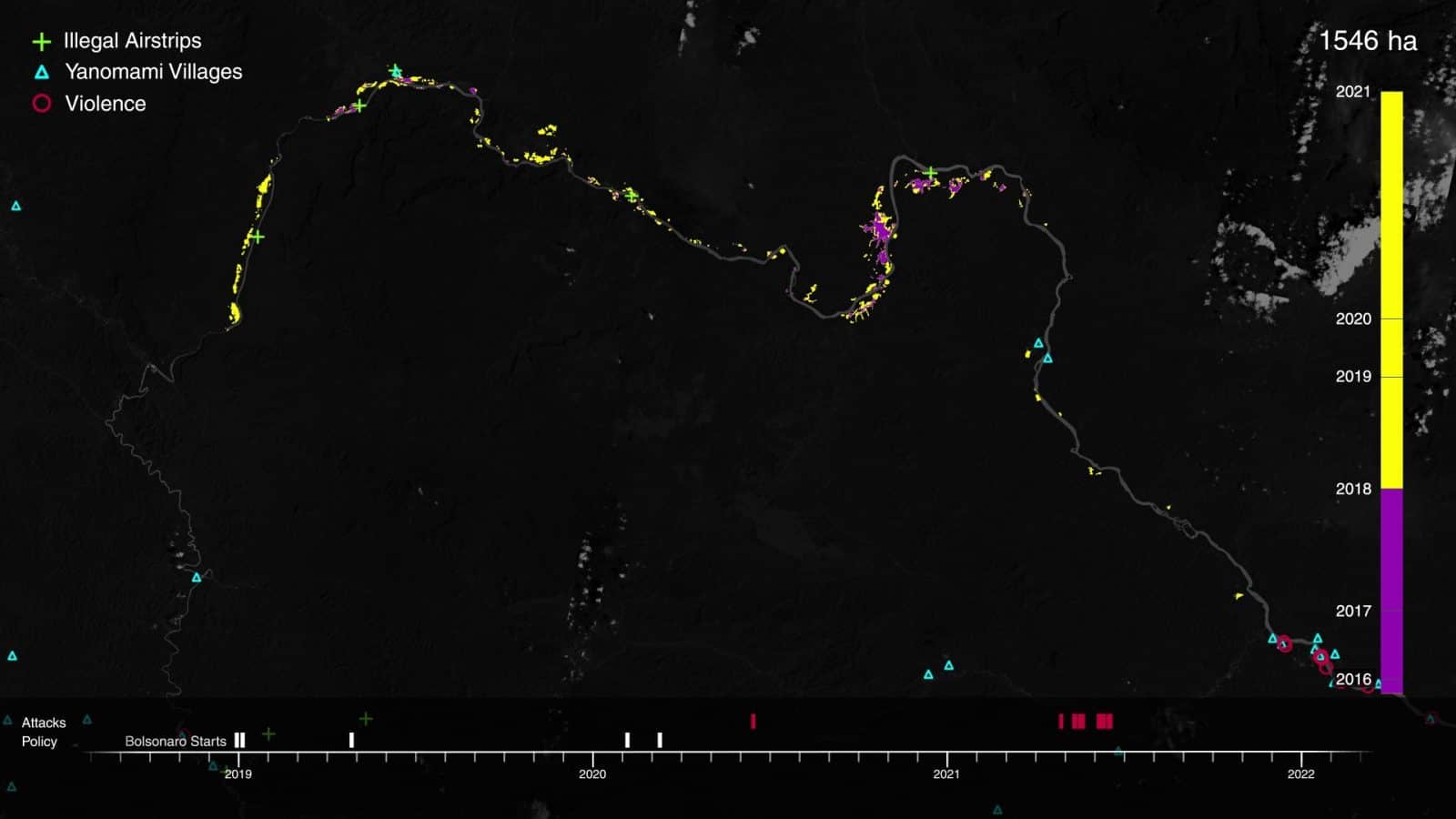 Total deforestation - A map showing the total area of deforestation due to gold mining. The rate of growth doubled under Bolsonaro’s term. Also visible are the mines’ proximity to Yanomami villages. Image: Forensic Architecture, 2022.