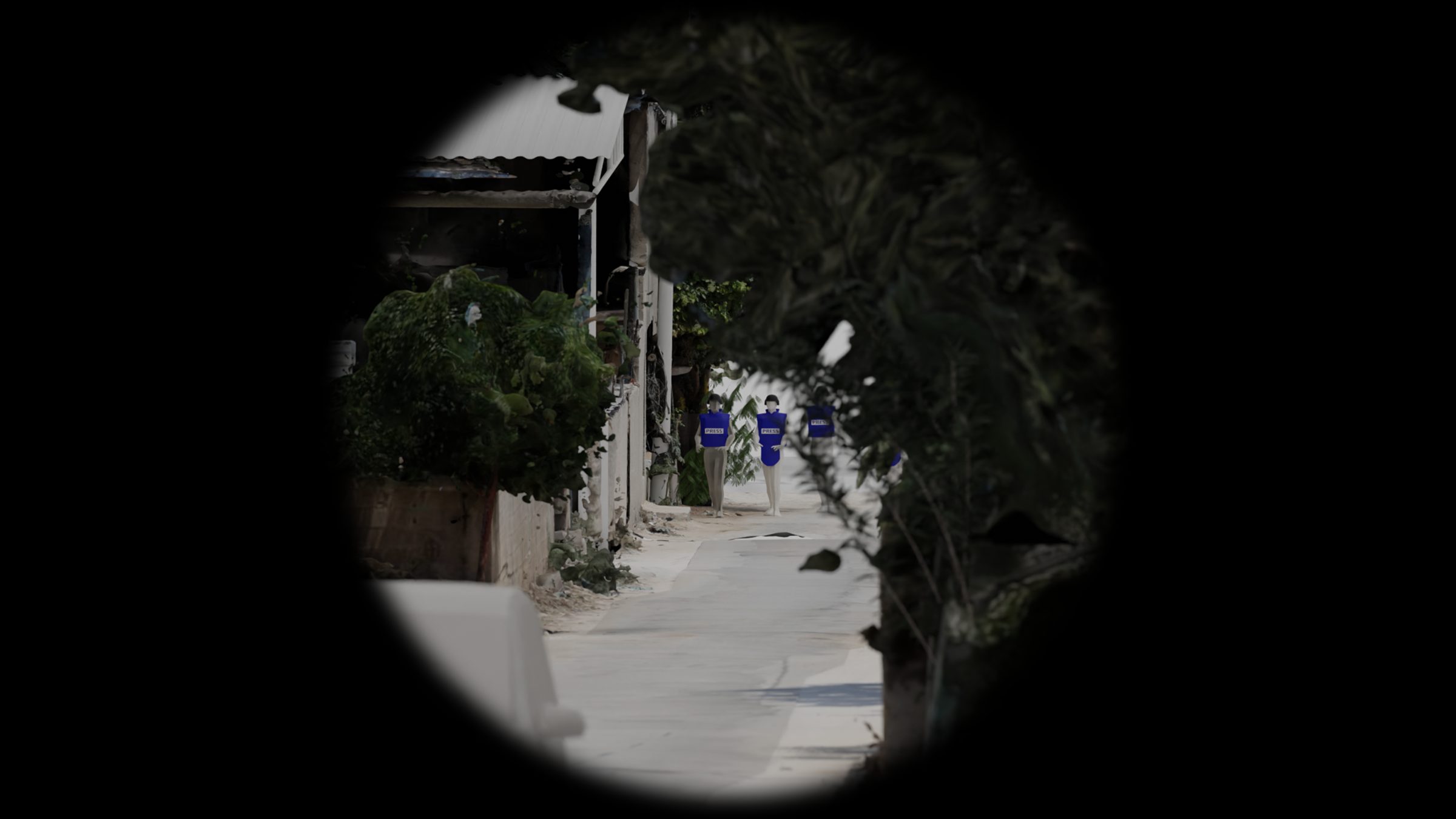 Approach-Position_Cropped - Digital reconstruction of the visibility of the journalists’ vests as seen from the location of the marksman, replicating the effect of the optical scope they most likely used (Trijicon COG x4), in the moment just before the first round of shots began. (Forensic Architecture and Al-Haq, 2022)