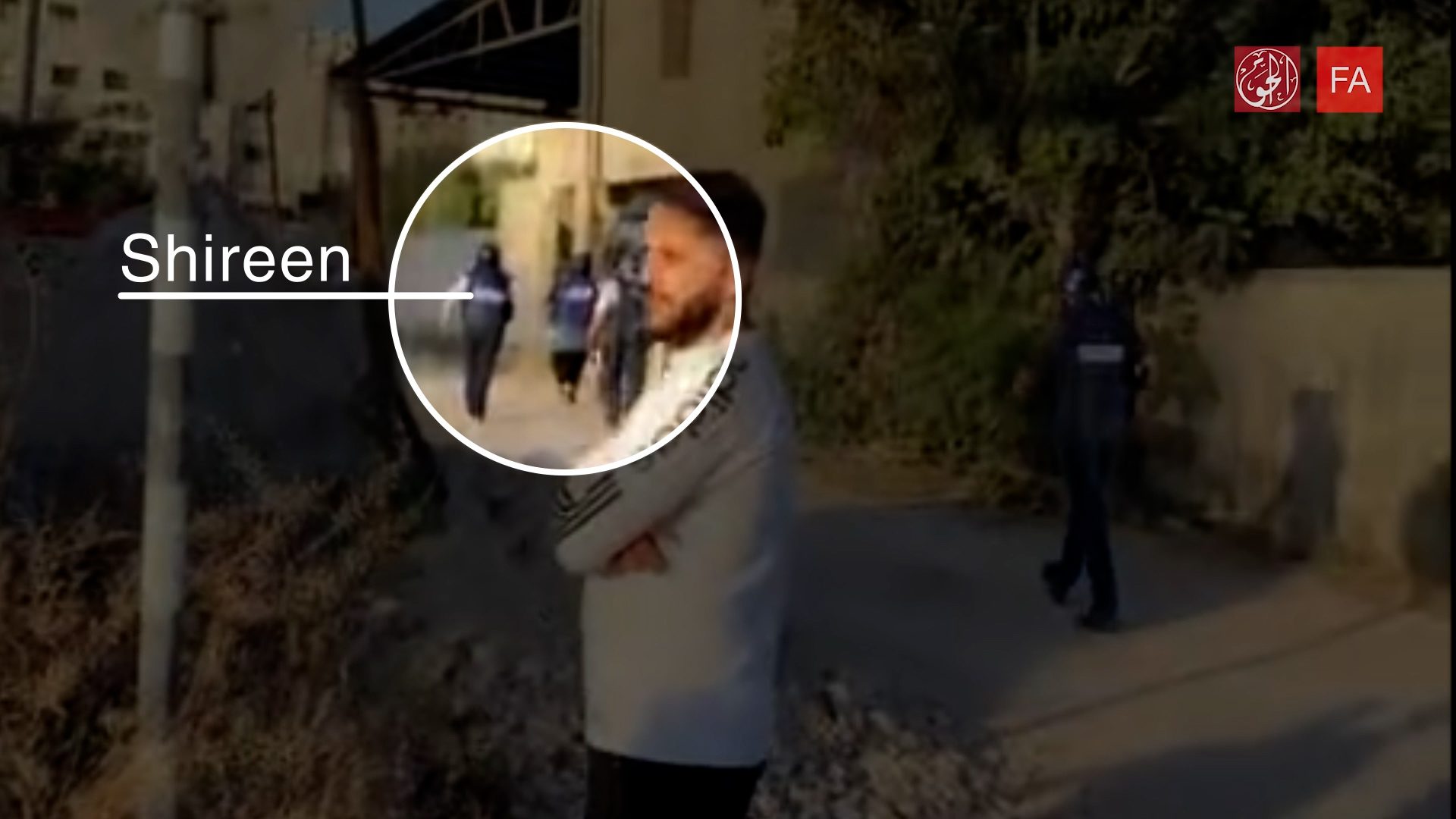 Journalists walking into the street - At 6:31:06, a video shows the journalists, including Shireen, slowly walking towards the IOF’s position, following standard press protocols for self-identification. 

Image: Salim Awwad, 11 May 2022, analysis and annotation: Forensic Architecture and Al-Haq , 2022
