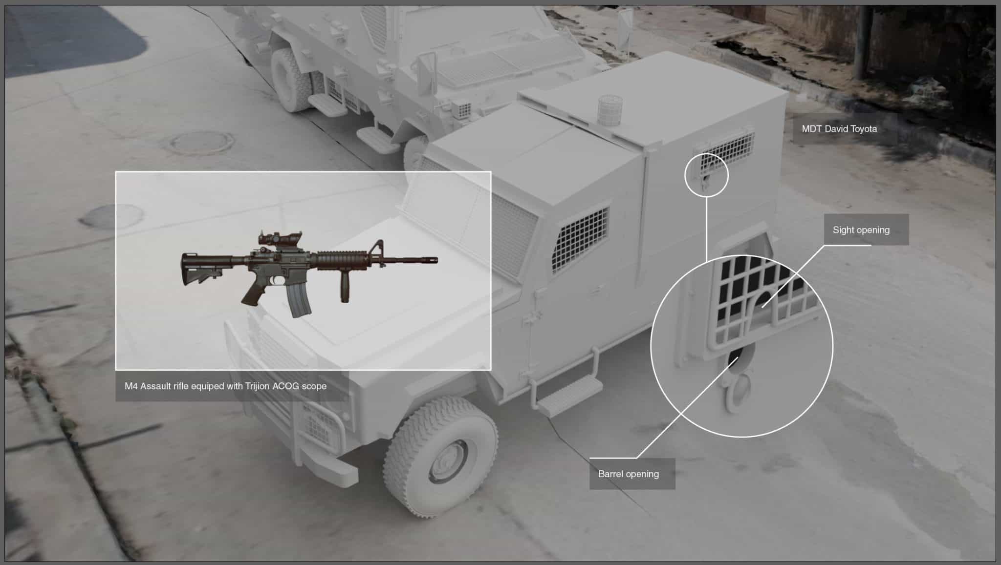 MDT David Vehicle - The shots were fired from a hole in the side of an MDT David Toyota armoured vehicle (Forensic Architecture and Al-Haq, 2022)