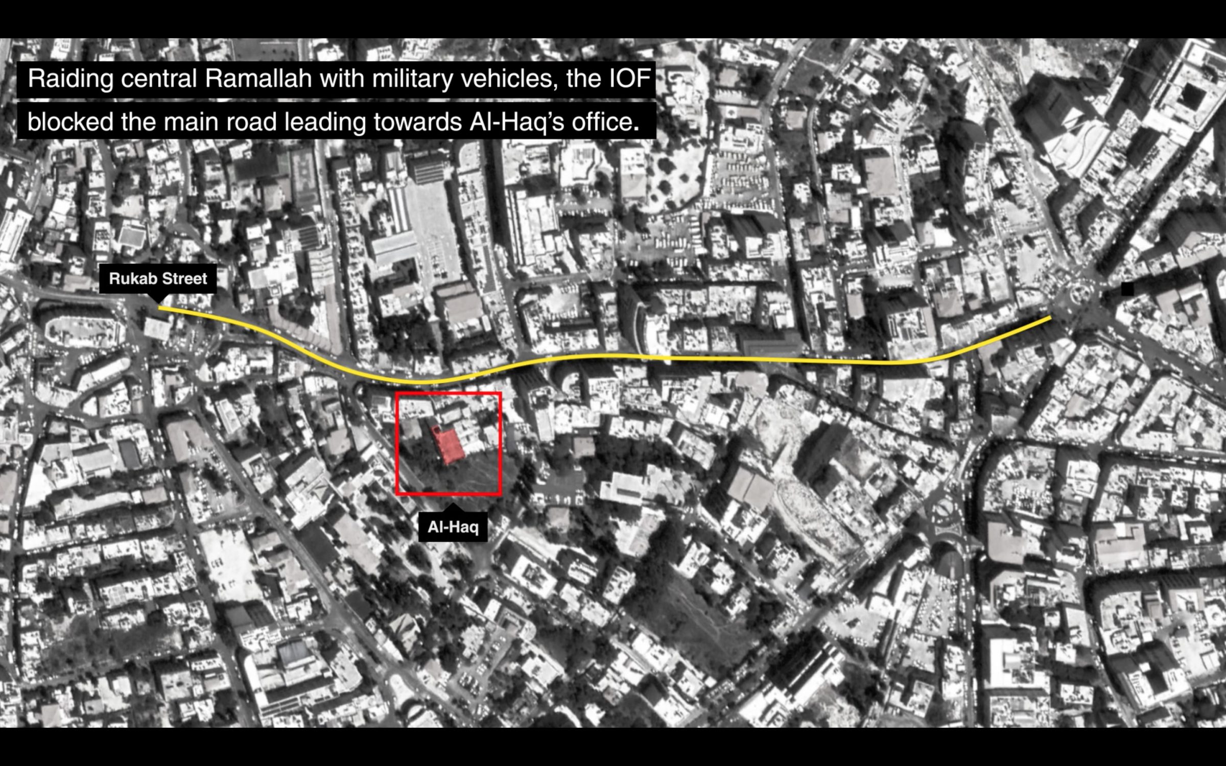 Raid of Al-Haq’s Offices - Image shows the way in which the IOF blocked the main road leading towards Al-Haq's office. Image: Forensic Architecture, 2022.