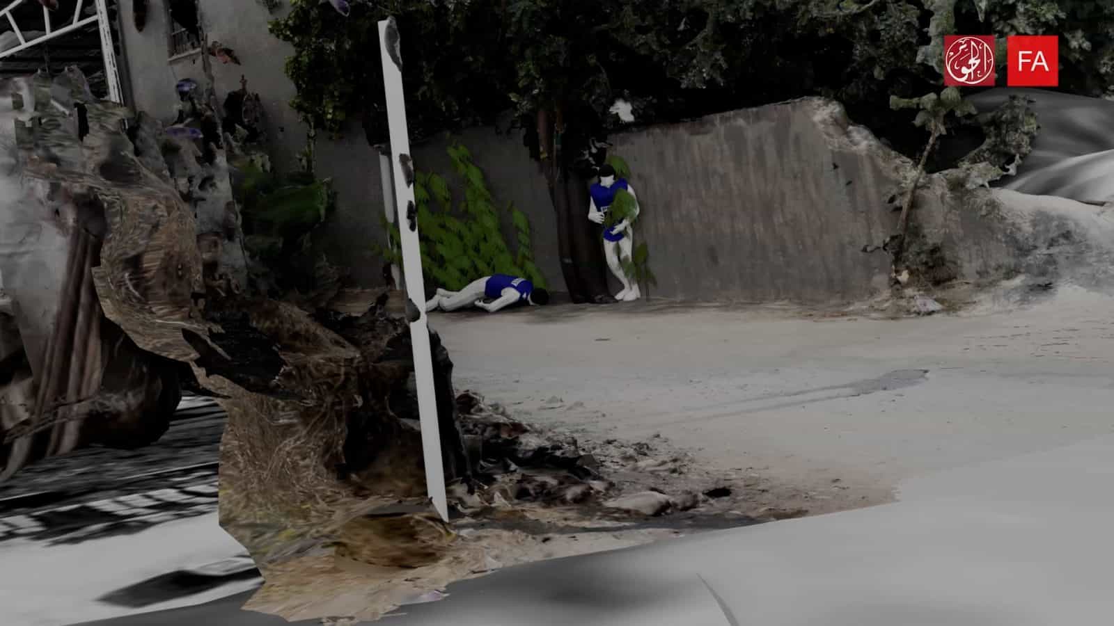 Reconstruction – Shireen on the ground - Digital reconstruction of the first moment Shireen is seen lying on the ground, not far from where journalist Shatha Hanaysha is seen hiding behind a tree. 
 (Forensic Architecture and Al-Haq, 2022)