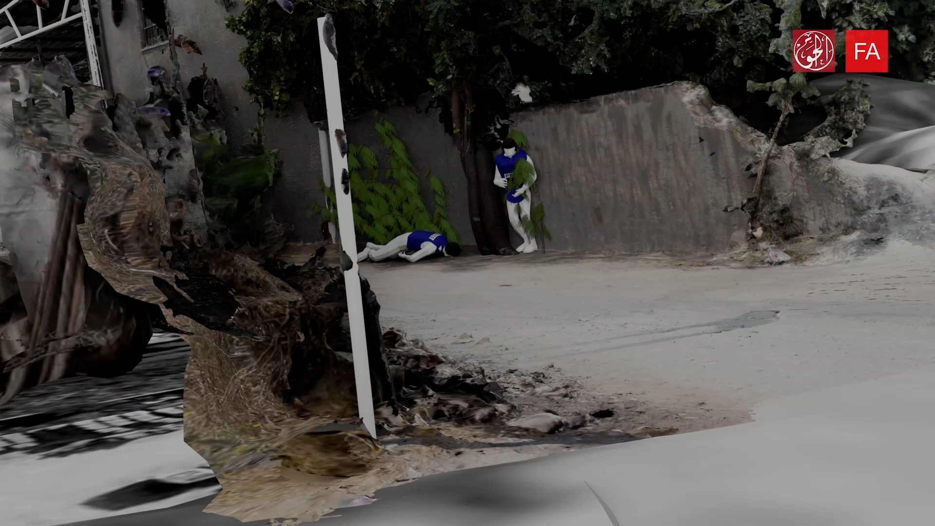 Reconstruction – Shireen on the ground - Digital reconstruction of the first moment Shireen is seen lying on the ground, not far from where journalist Shatha Hanaysha is seen hiding behind a tree. 
 (Forensic Architecture and Al-Haq, 2022)