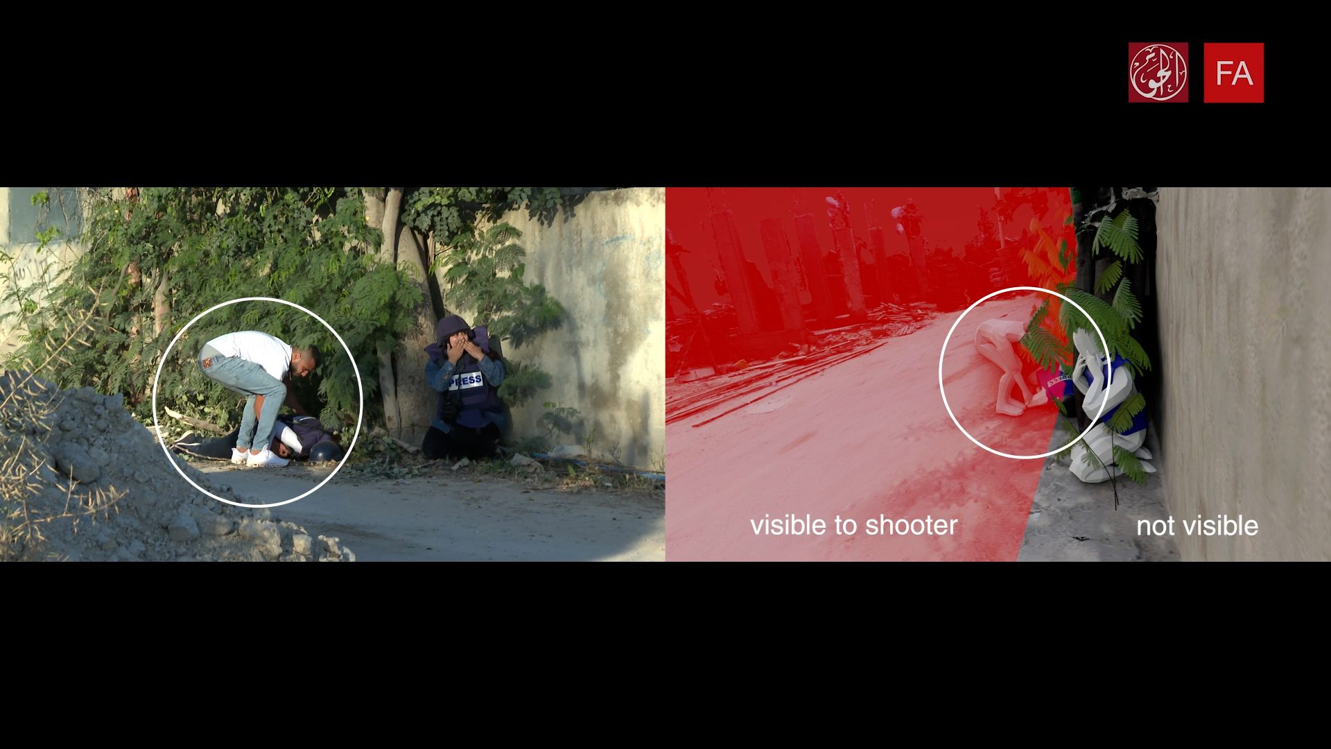 Shooter’s field of vision – civilian aid - A civilian was shot at a total of three times as he tried to provide aid to Shireen. 

Forensic Architecture and Al-Haq, 2022 (original image: Al Jazeera, 2022)