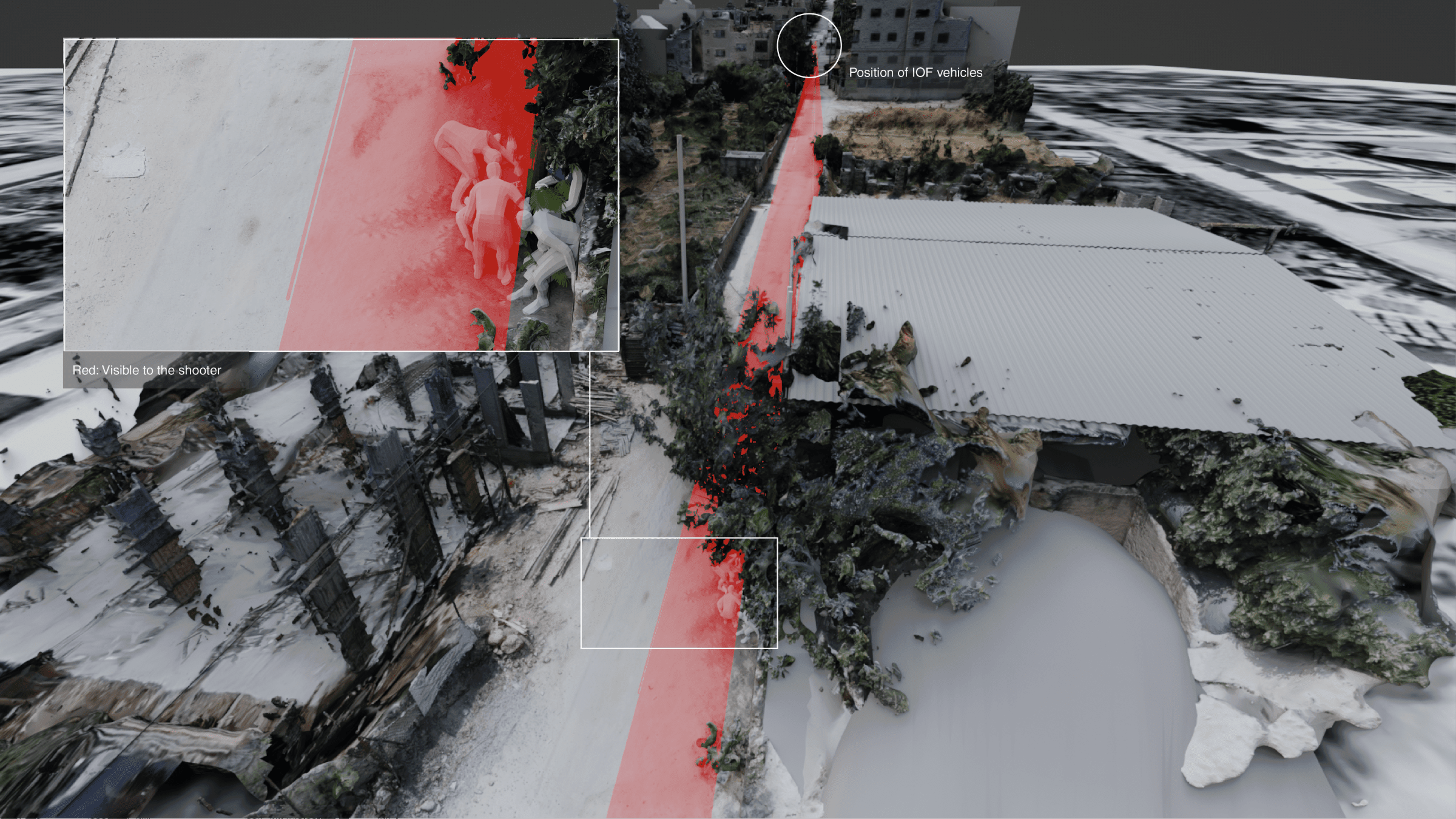 Visibility analysis - Shots were only fired when journalists, and later a civilian, were within the shooter’s field of vision (Forensic Architecture and Al-Haq, 2022)