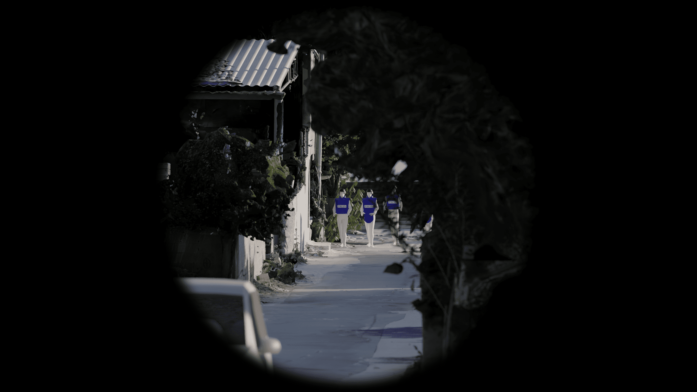 Digital reconstruction of shooter’s view - Digital reconstruction of the visibility of the journalists as they were walking up the road. As would be seen through the Trij[icon] ACOG 4x32 BAC riflescope. (Forensic Architecture and Al-Haq, 2022)