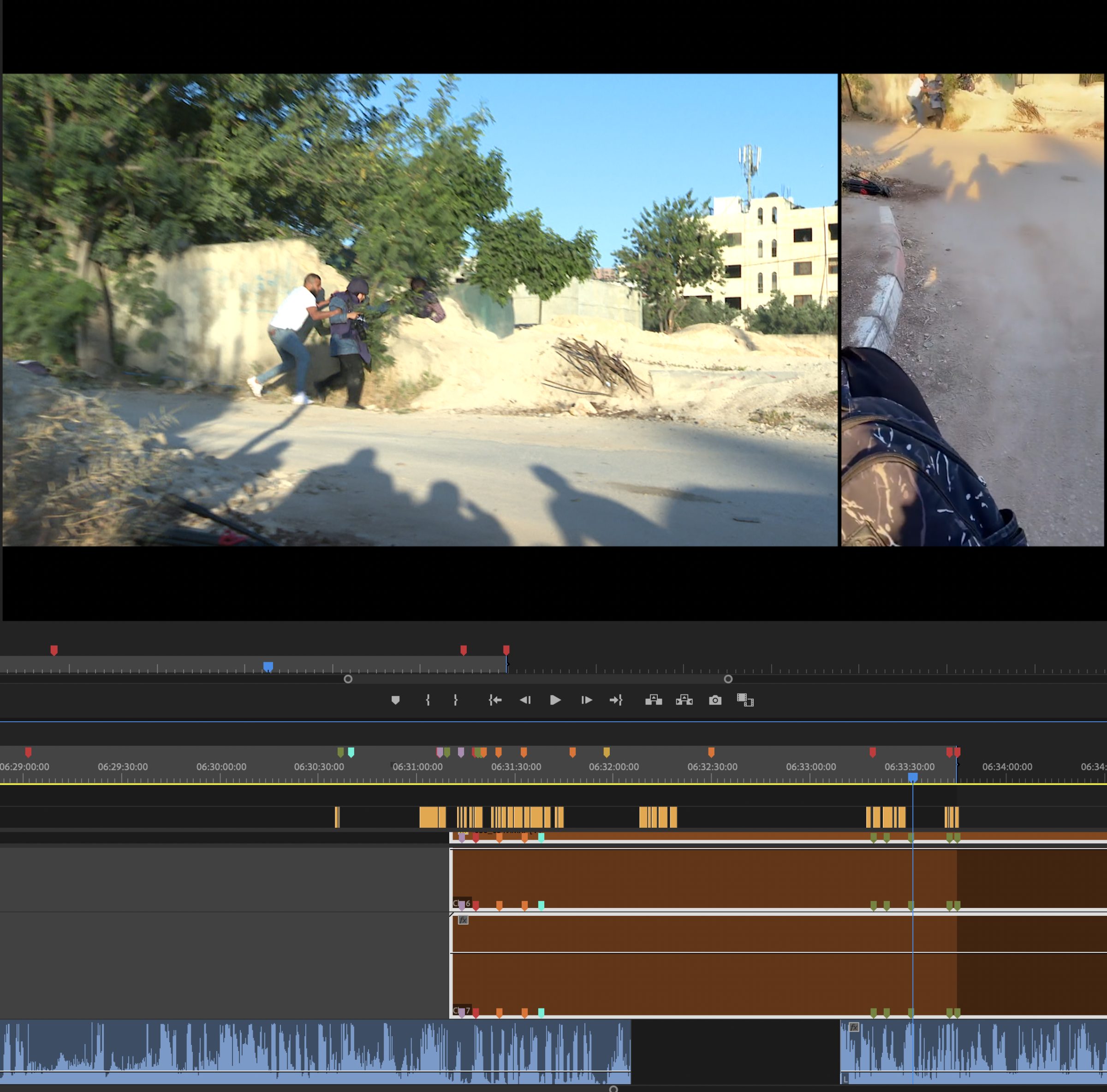 Footage Synchronization - Synchronization of `Al Jazeera` footage (left) and ’16 min video’ taken by Salim Awad (right) using Adobe Premiere Pro. (Forensic Architecture and Al-Haq, 2022)