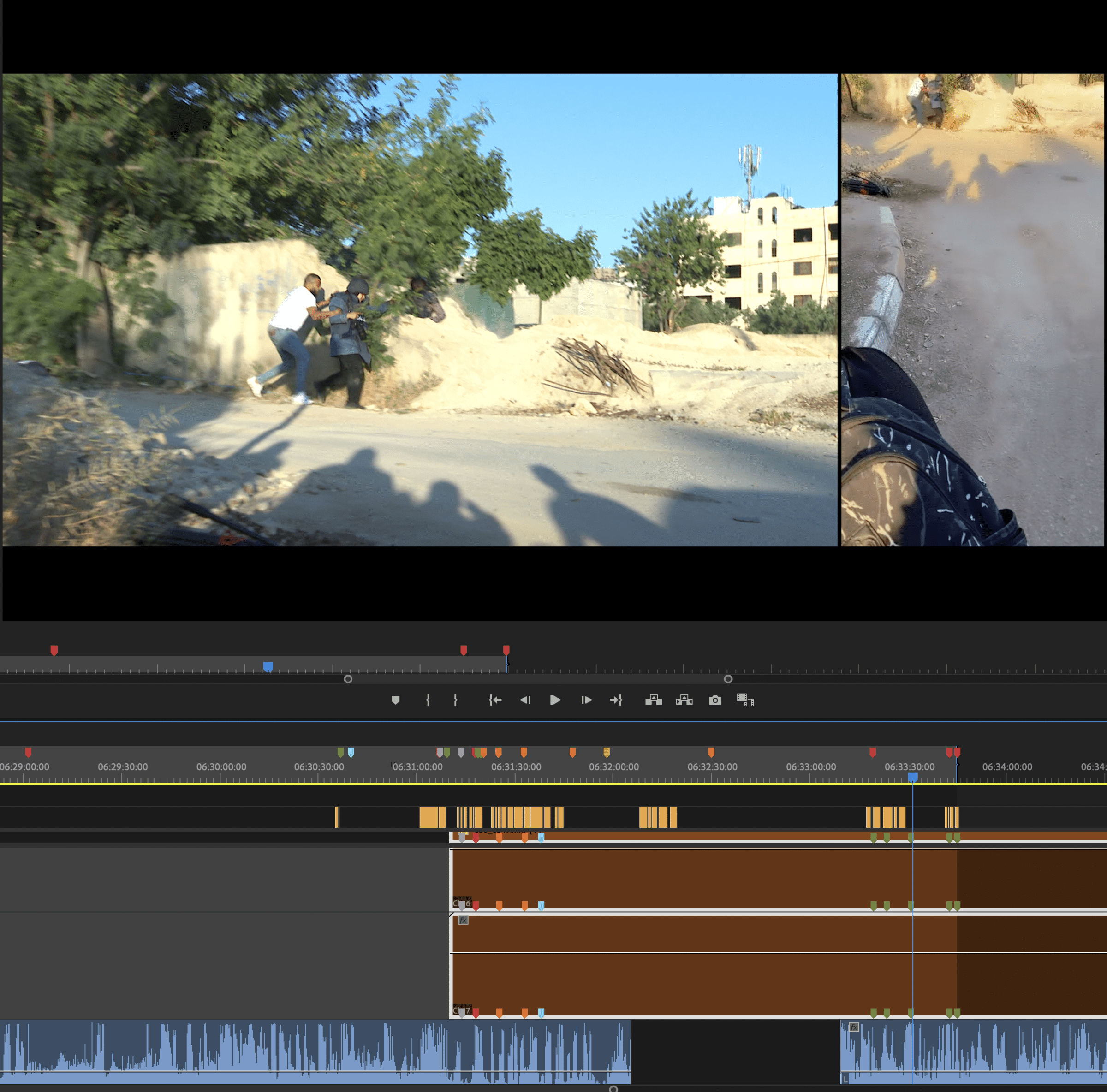 Footage Synchronization - Synchronization of `Al Jazeera` footage (left) and ’16 min video’ taken by Salim Awad (right) using Adobe Premiere Pro. (Forensic Architecture and Al-Haq, 2022)