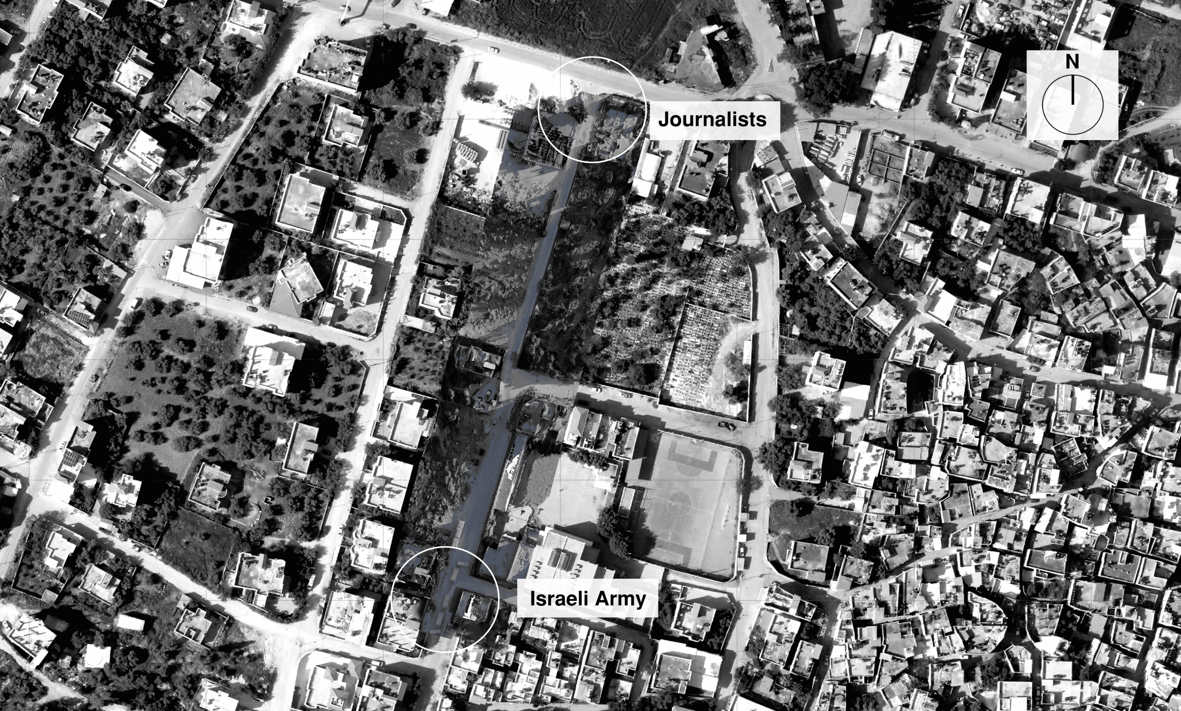 Satellite Map – Jenin - Satellite map of the incident site showing the location of the journalists and the Israeli army vehicles approximately 200 metres south of them.