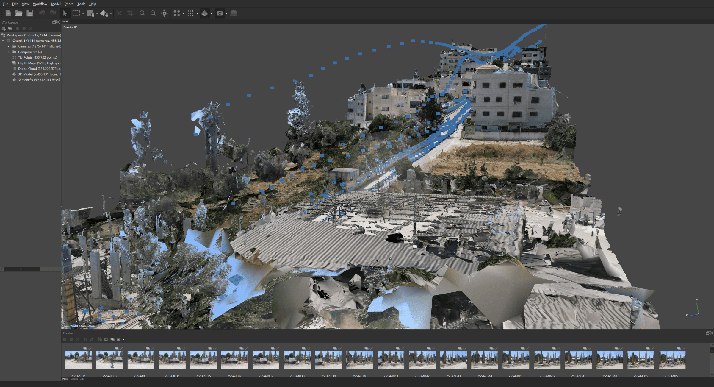 Photogrammetry Process - Photogrammetry software "Metashape" processing 3D model of the site. (Forensic Architecture and Al Haq, 2022)