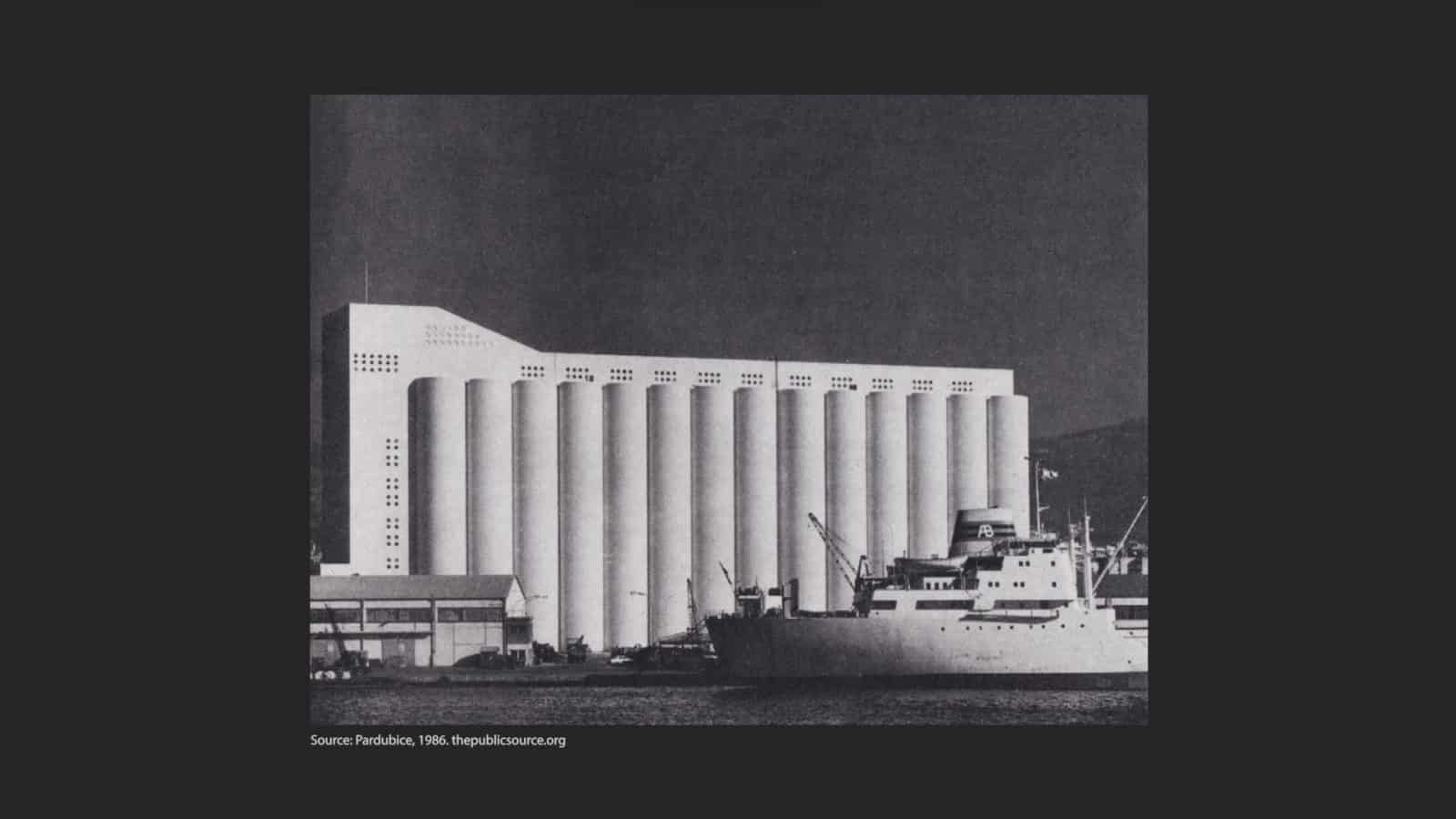 Silos, 1986 - Image adapted from the monograph of Průmstav Pardubice. (Source: Jiří Hemr, Průmstav Pardubice 1951–1986, Pardubice 1986). Retrieved from an article published by thepublicsource.org. This image illustrates the silos as the main grain storage facility of Lebanon.