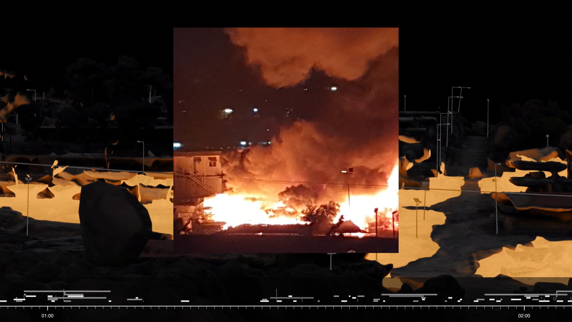 View from Zone 12 - View from Zone 12 on the night of 8 September 2020, before Zone 12 caught fire. (Forensic Architecture/Forensis, 2023)