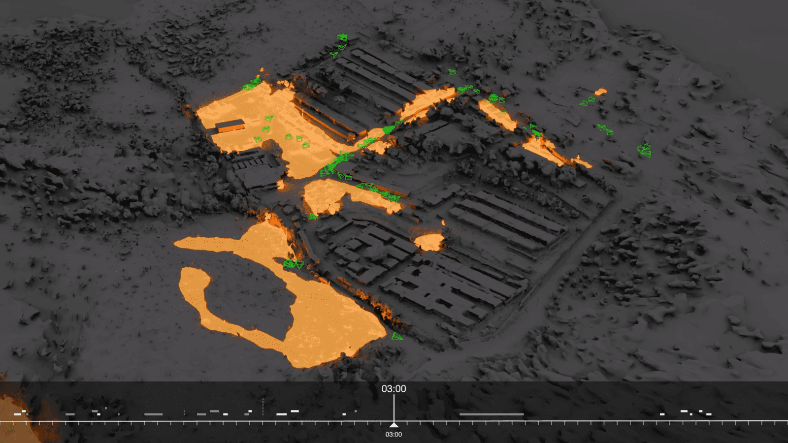 Fire’s spread (3:00) - The extent of the fire's spread within the camp at 03:00, as recorded in the available video evidence. (Forensic Architecture/Forensis, 2023)