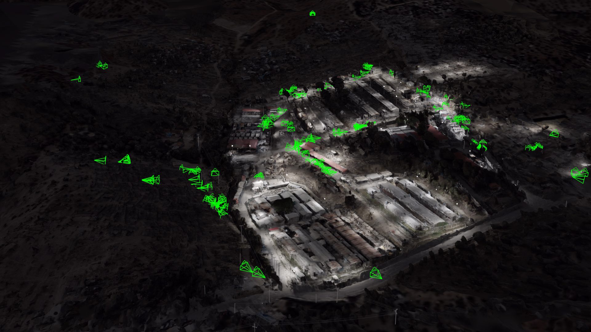 Locating media in 3D model - FA/Forensis located multiple images and videos within a 3D model in order to be able to navigate between them. (Forensic Architecture/Forensis, 2023)