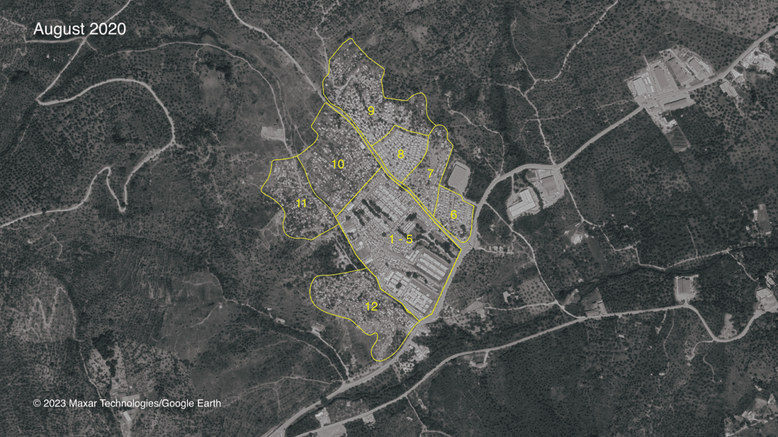 Moria refugee camp zones - The ever-increasing overcrowding in the Moria camp, exceeding several times its official capacity, led to its expansion into the surrounding olive groves, creating new zones.
Image Source: 2023 Maxar Technologies/Google Earth. (Forensic Architecture/Forensis, 2023)