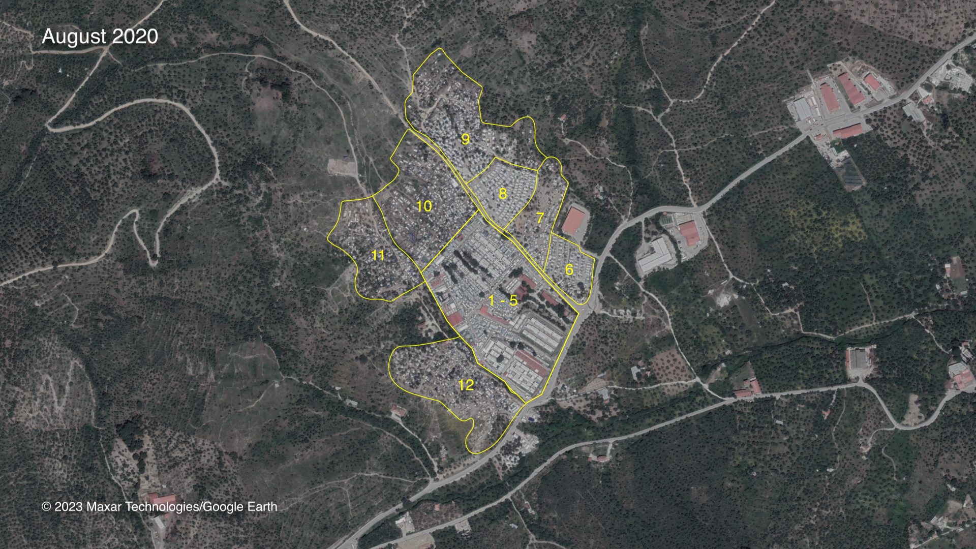 Moria refugee camp zones - The ever-increasing overcrowding in the Moria camp, exceeding several times its official capacity, led to its expansion into the surrounding olive groves, creating new zones.
Image Source: 2023 Maxar Technologies/Google Earth. (Forensic Architecture/Forensis, 2023)