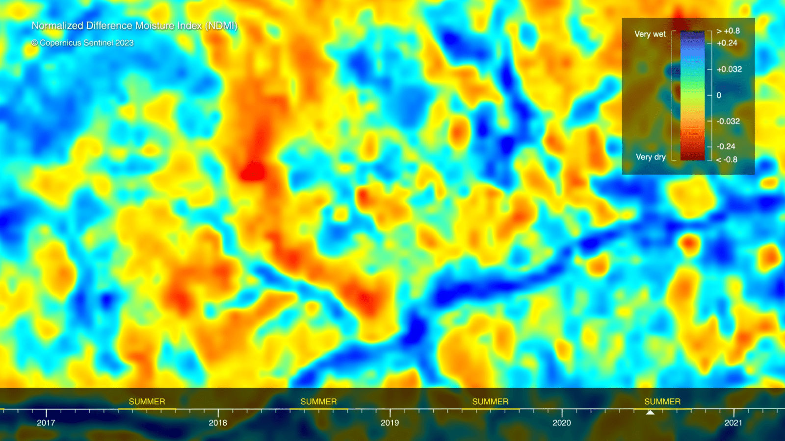 Heat map - September—late summer —when the ground is driest in this region, sees a steep increase in large fires every year. Image source: Sentinel Hub (Forensic Architecture/Forensis, 2023)