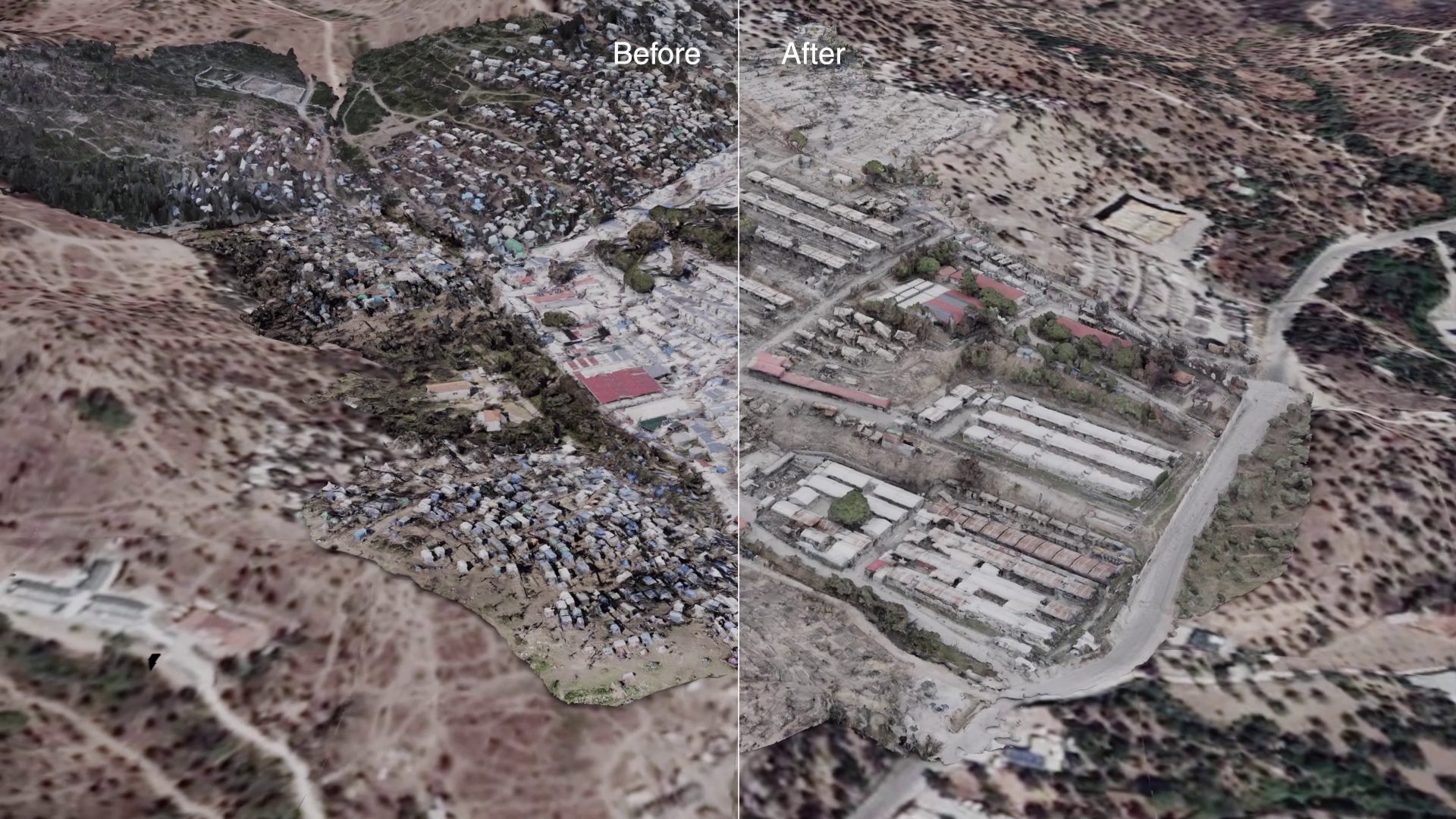 3D model of Moria refugee camp - FA/Forensis’s navigable 3D models of the Moria refugee camp before and after the fire, created using photogrammetry.(Forensic Architecture/Forensis, 2023)