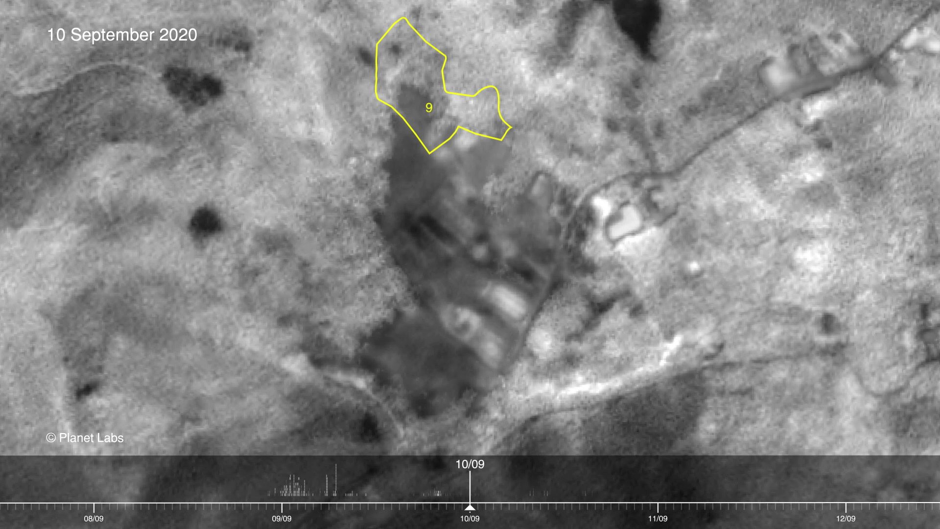 Satellite analysis 9 September - Satellite analysis that reveals the extent of the burned areas on the night of 9 September (as seen in satellite imagery from the following day). Zone 9 was not burned on the night of 8 September (as can be seen in the satellite imagery from the 9th), but was partially burned on the night of the 9th September (which can be seen in this image) and on the 10th, which refutes the key witness' statement. Image Source: Planet Labs (Forensic Architecture/Forensis, 2023)