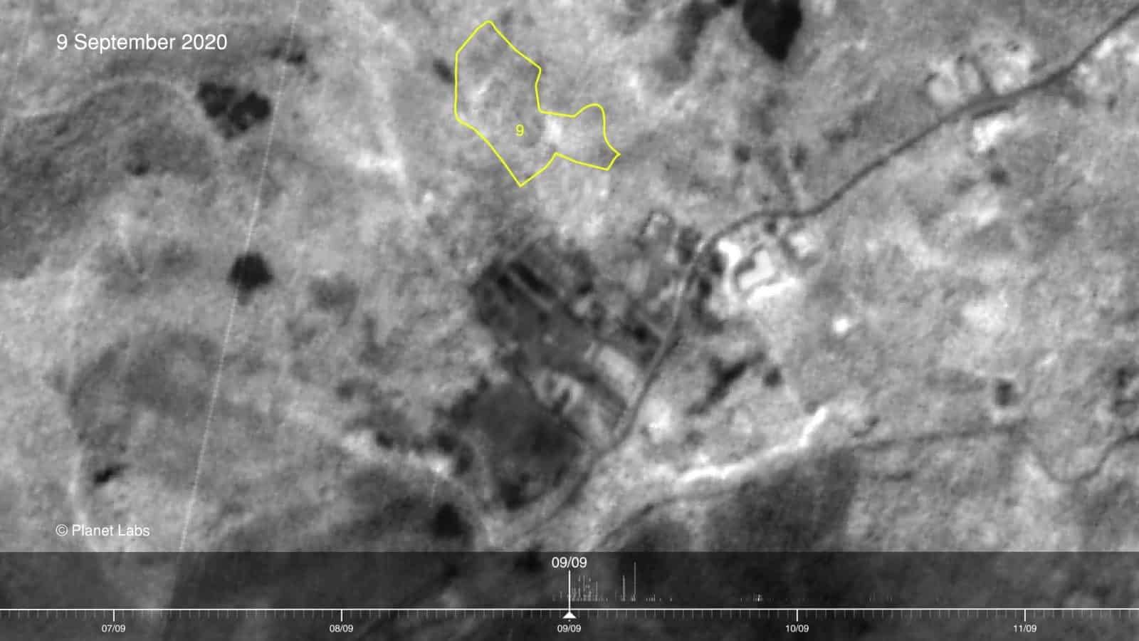 Satellite analysis 8 September - Satellite analysis that reveals the extent of the burned areas on the night of 8 September (as seen in satellite imagery from the following day). Image Source: Planet Labs (Forensic Architecture/Forensis, 2023)