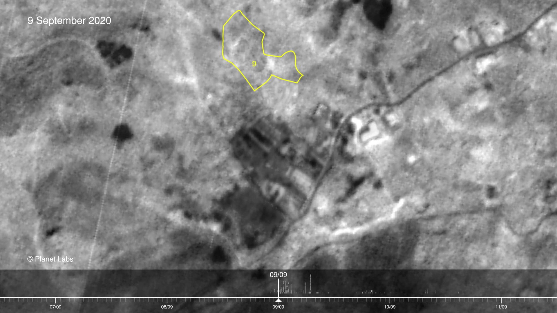 Satellite analysis 8 September - Satellite analysis that reveals the extent of the burned areas on the night of 8 September (as seen in satellite imagery from the following day). Image Source: Planet Labs (Forensic Architecture/Forensis, 2023)