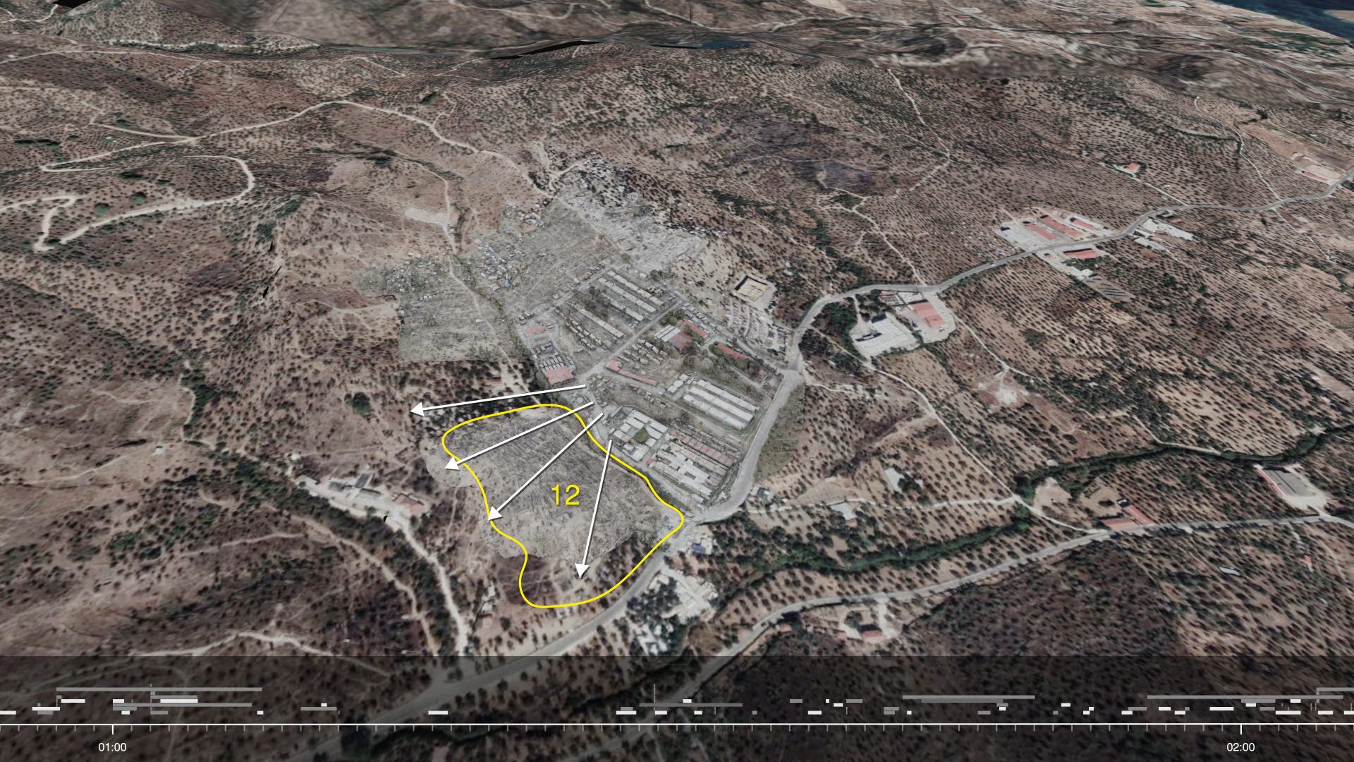 Spread of fire (Fire Service report) - Diagram of spread of fire from the centre of the camp to Zone 12 as depicted in the Fire Service report. (Forensic Architecture/Forensis, 2023)